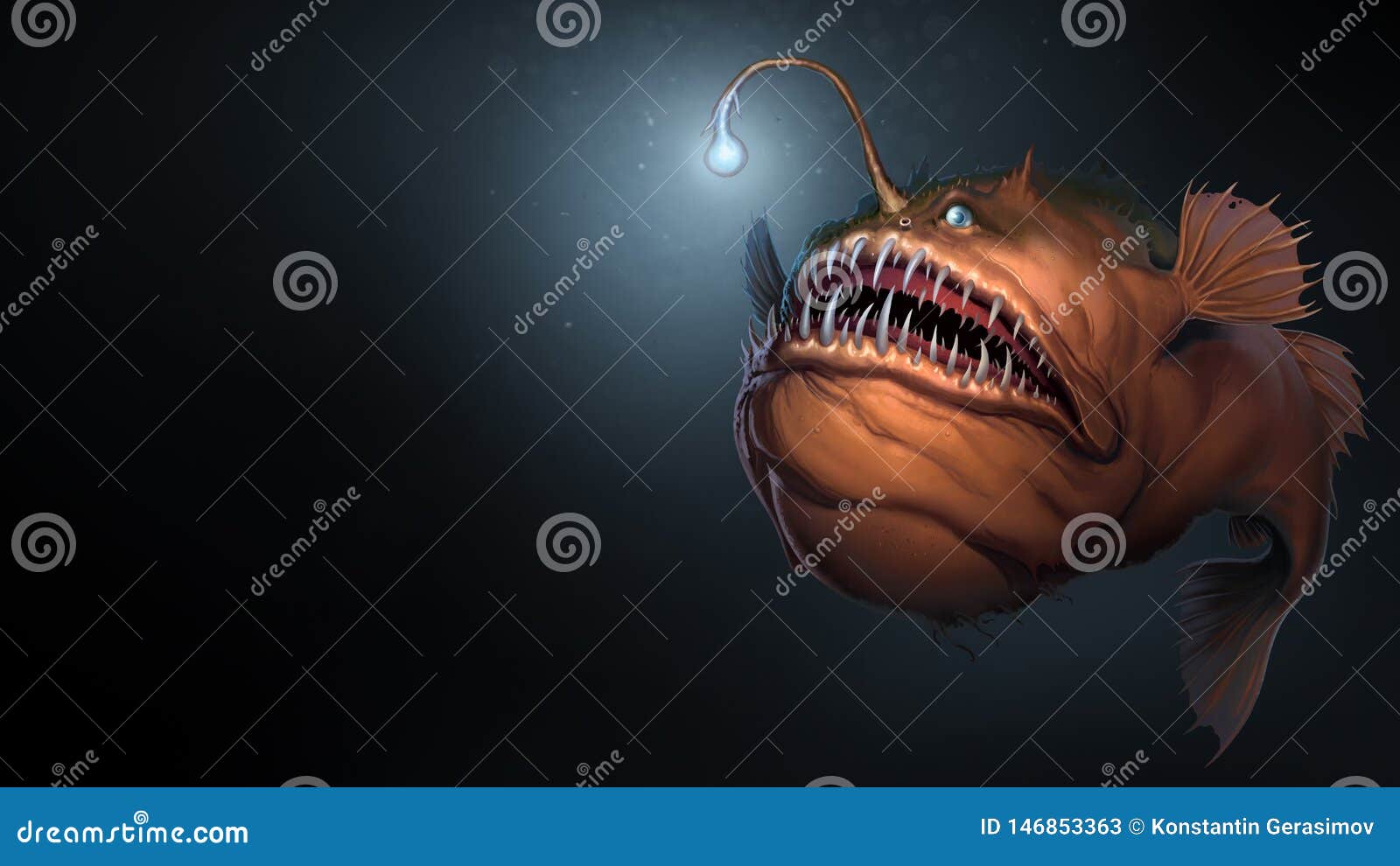 angler fish on background of dark blue water realistic  art.