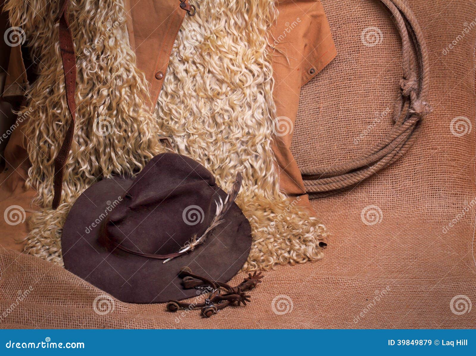 angora chaps, hat, lariat and spurs