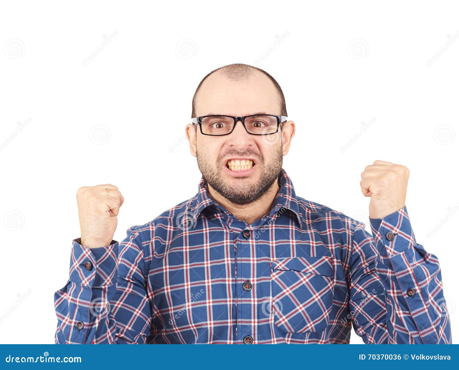Angry bald man in glasses. stock photo. Image of negative - 70370036