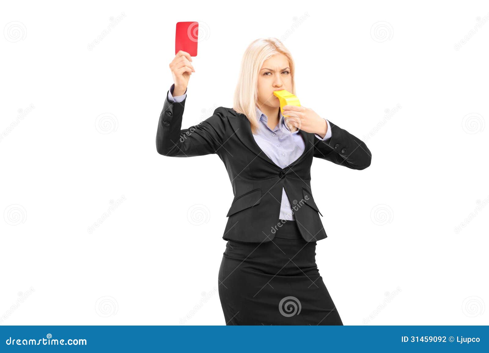 Angry Businesswoman Blowing A Whistle And Showing A Red Card Stock