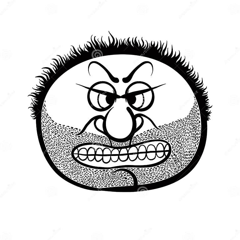 Angry Cartoon Face With Stubble Black And White Vector Illustration