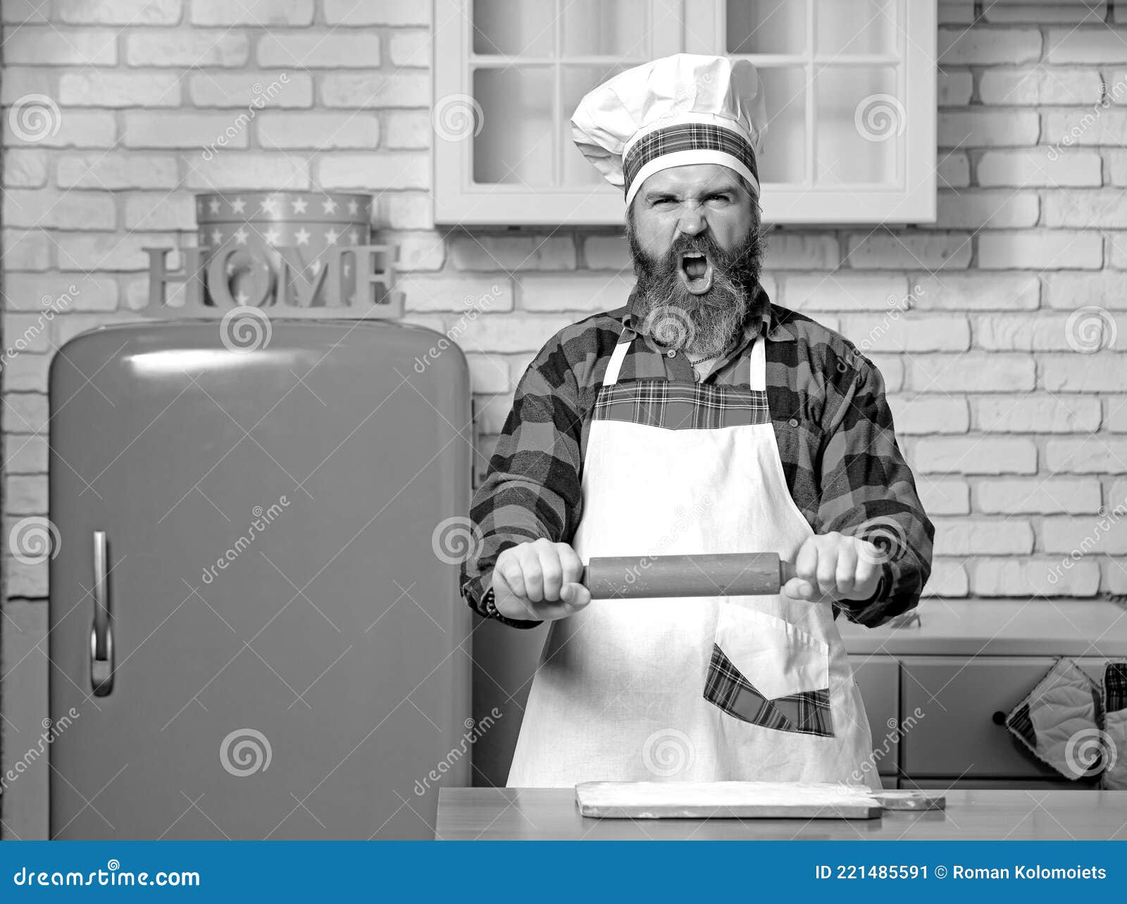 Angry Chef Bakers Man Raising Rolling Pin Threateningly in White ...