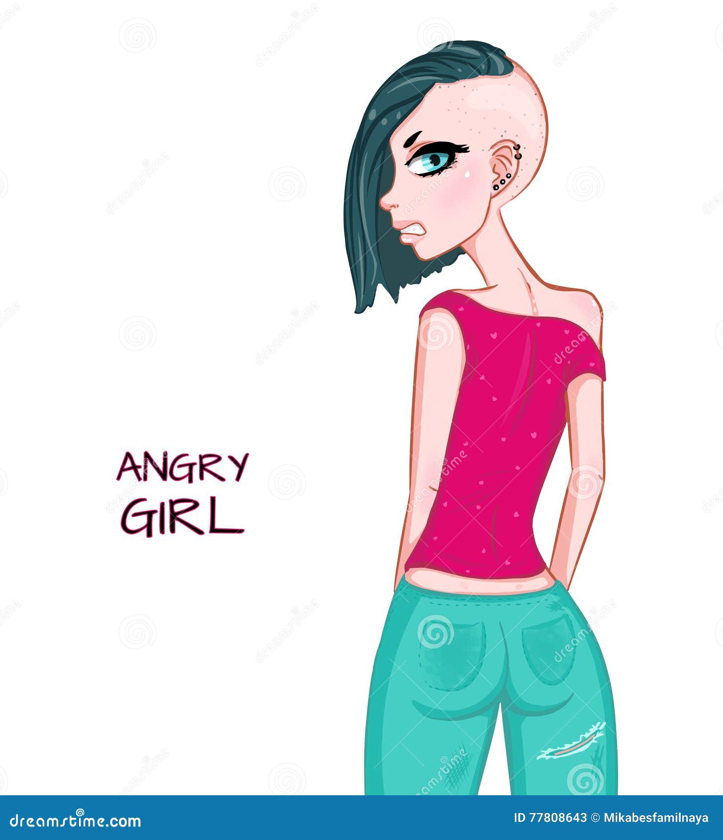 Illustration about Cartoon angry girl in pink shirt. 