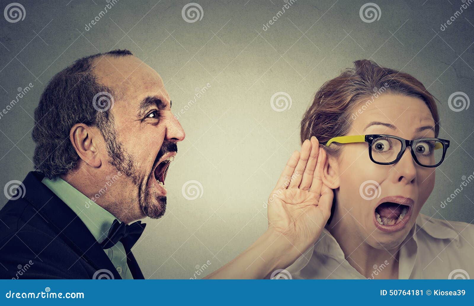 Angry Man Screaming Curious Woman With Hand To Ear Gesture Listens 
