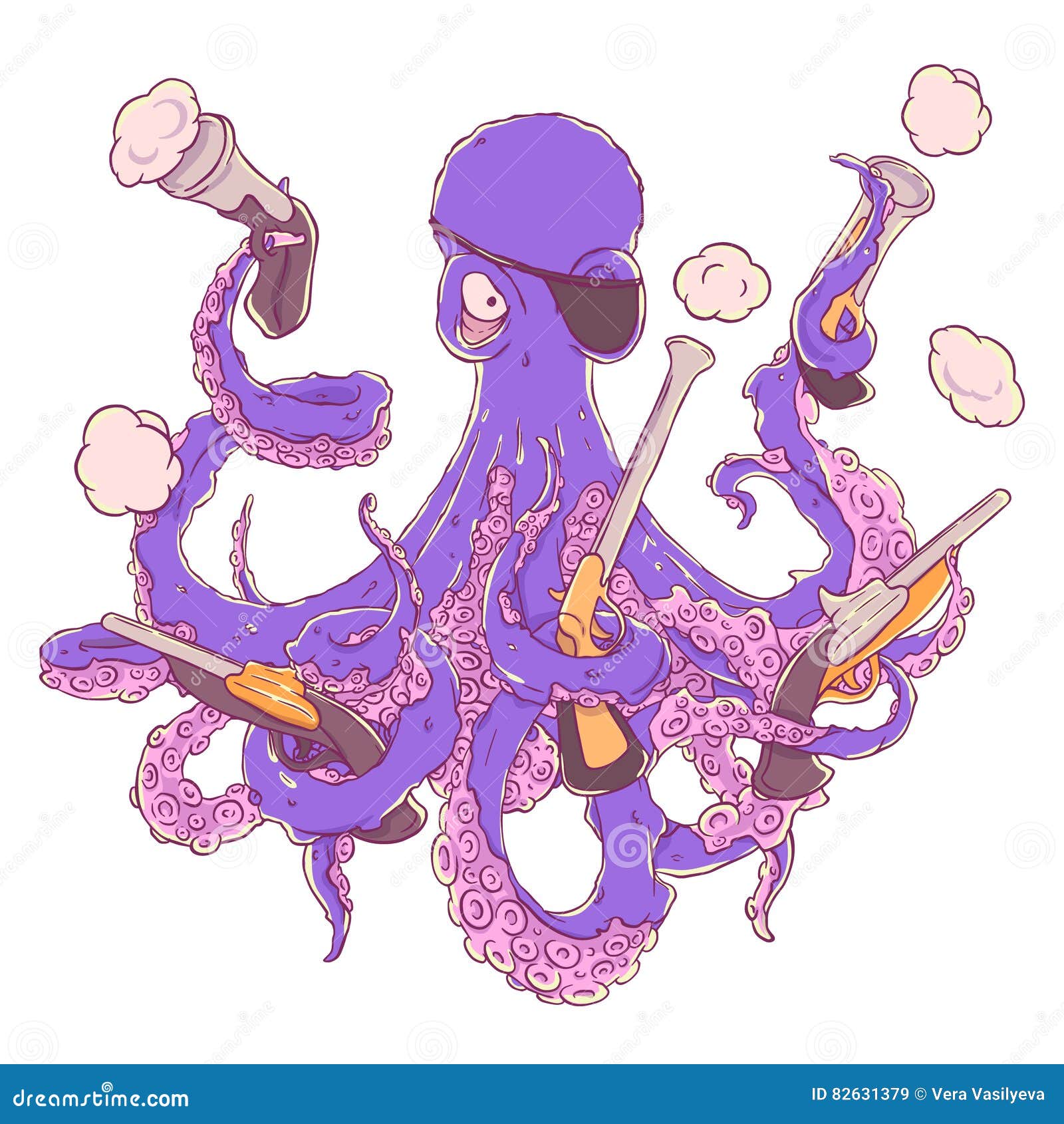 Angry Pirate-octopus with a Firearm in Hand. Pistol, Musket