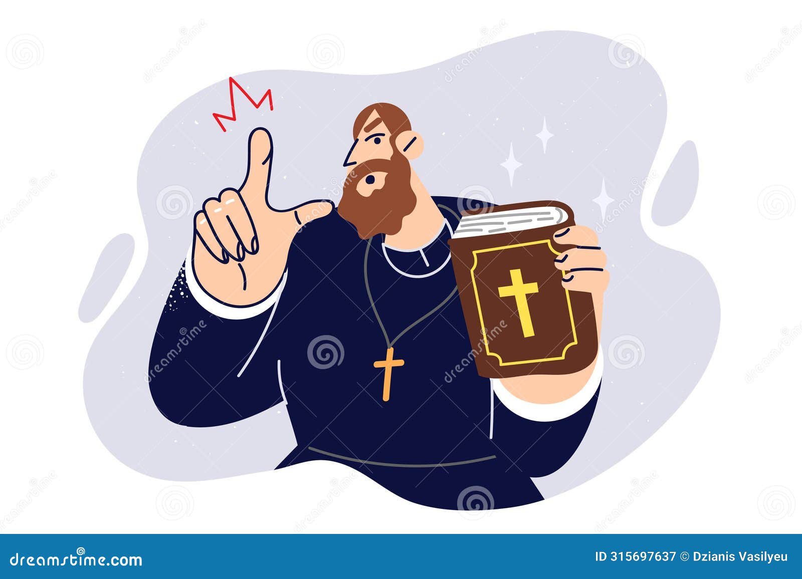 angry priest stands with bible in hands and reprimands parishioners who do not keep commandments