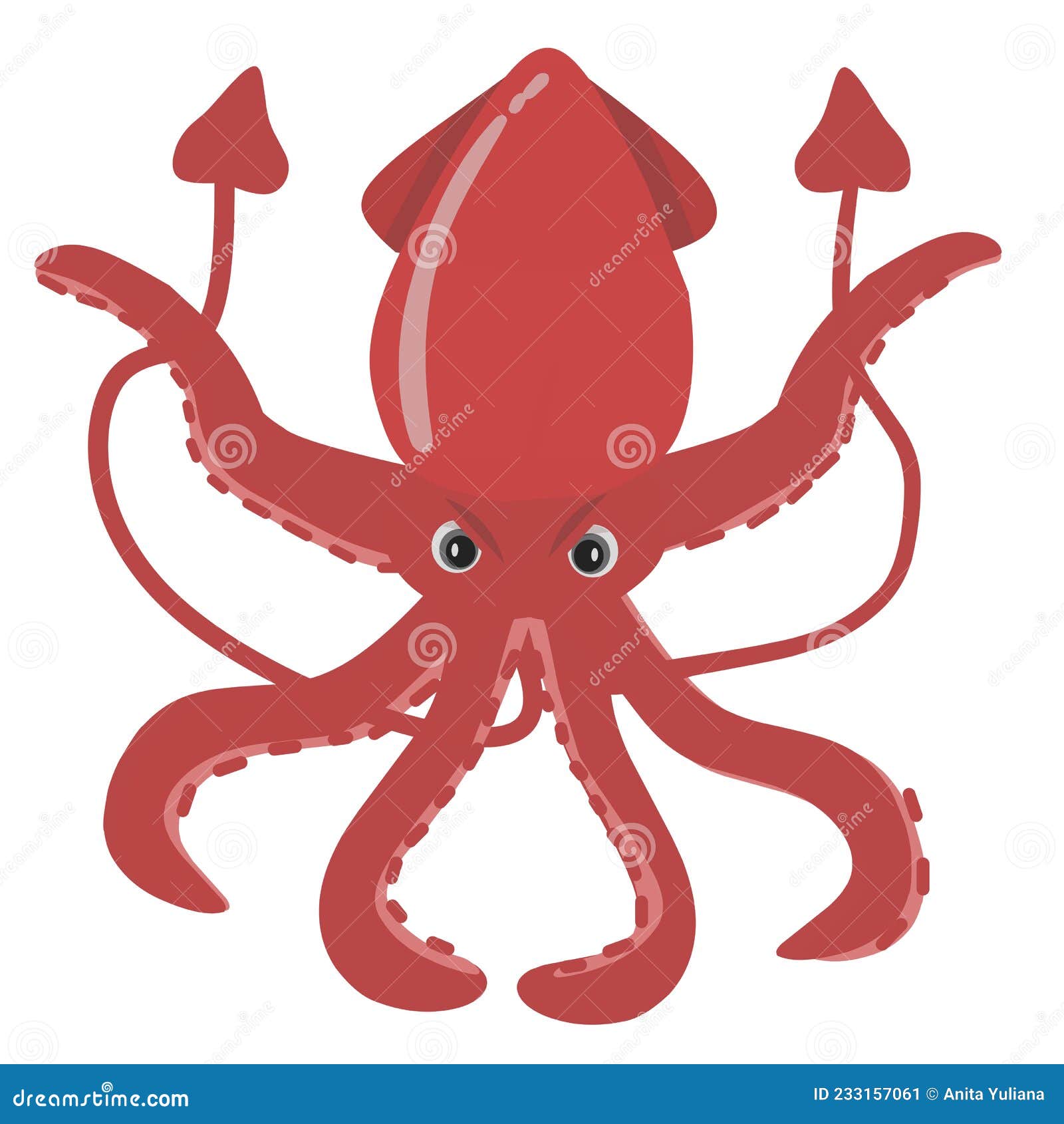 An Angry Red Squid Cartoon Illustration. Isolated. Cute Drawing