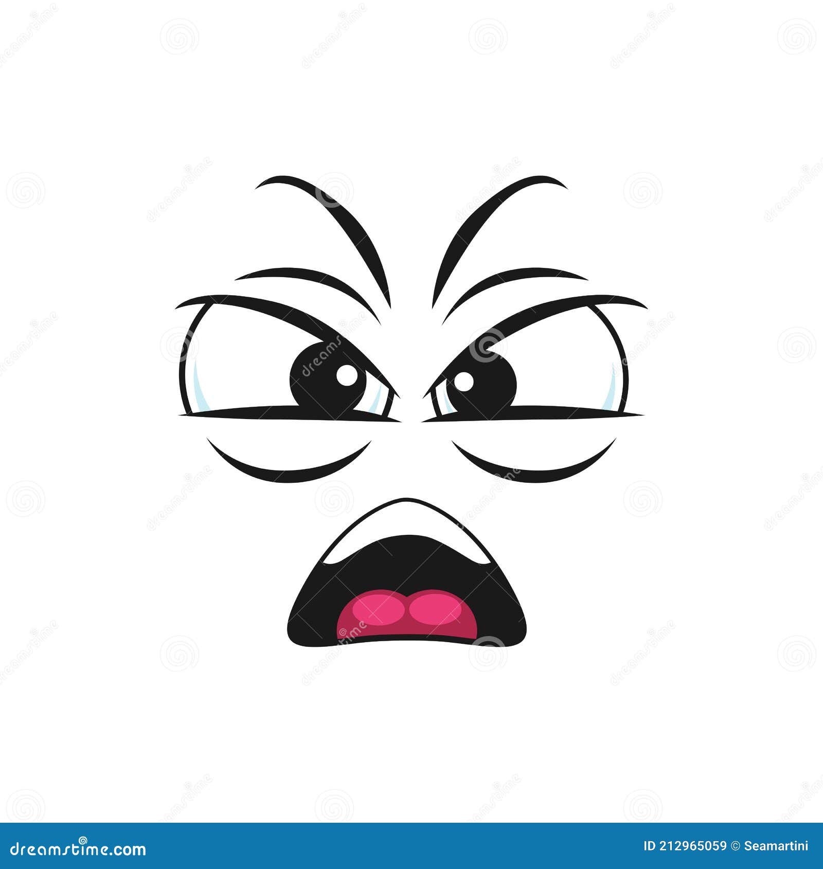 Loudly screaming emoji face, shocked emoticon in bad mood isolated scared  face expression. Vector frightened horror face expression crazy screaming  emoticon, shouting smiley with wide open mouth Stock Vector