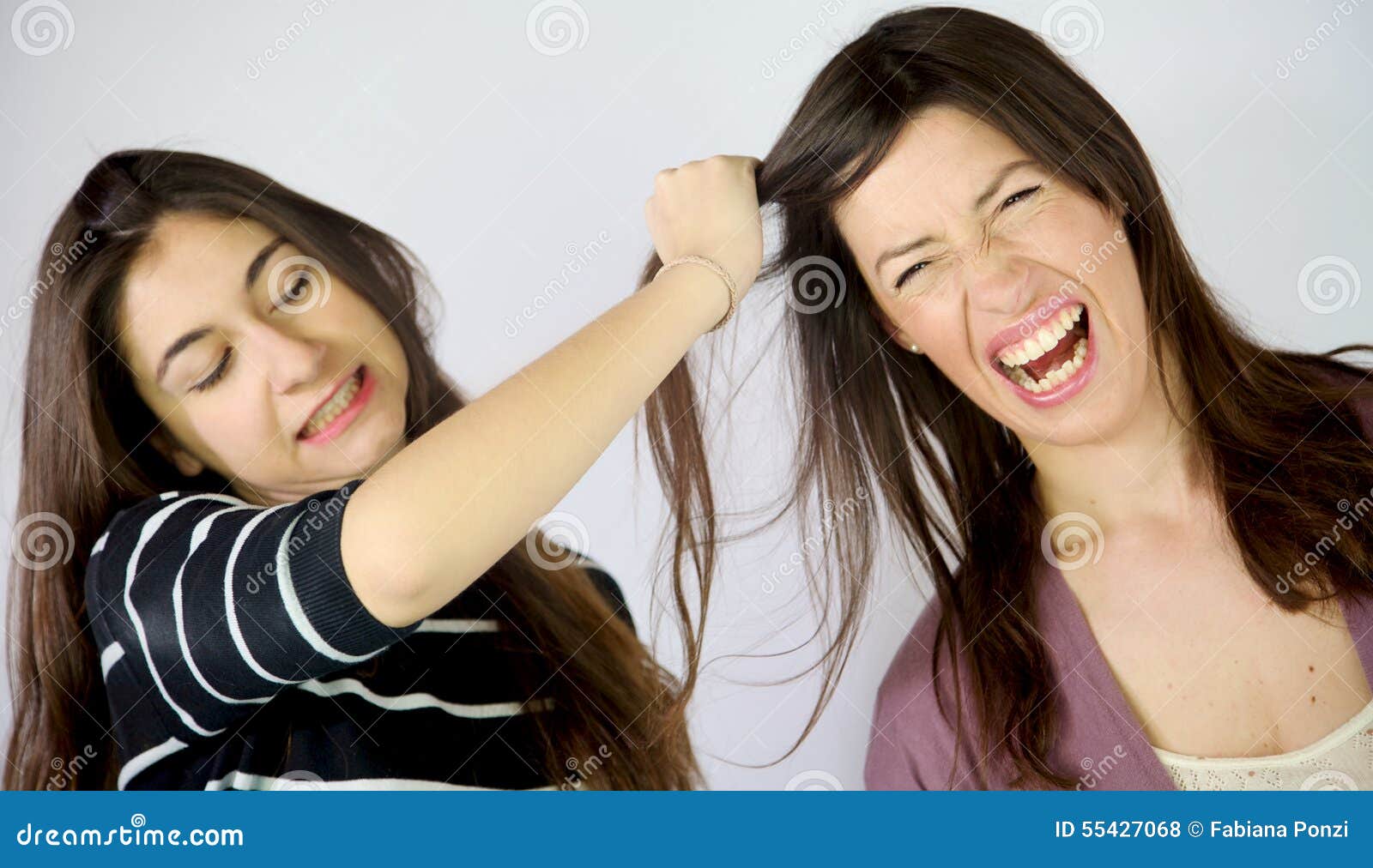 Angry Sisters Pulling Long Hair Screaming Fighting Stock Photo Image