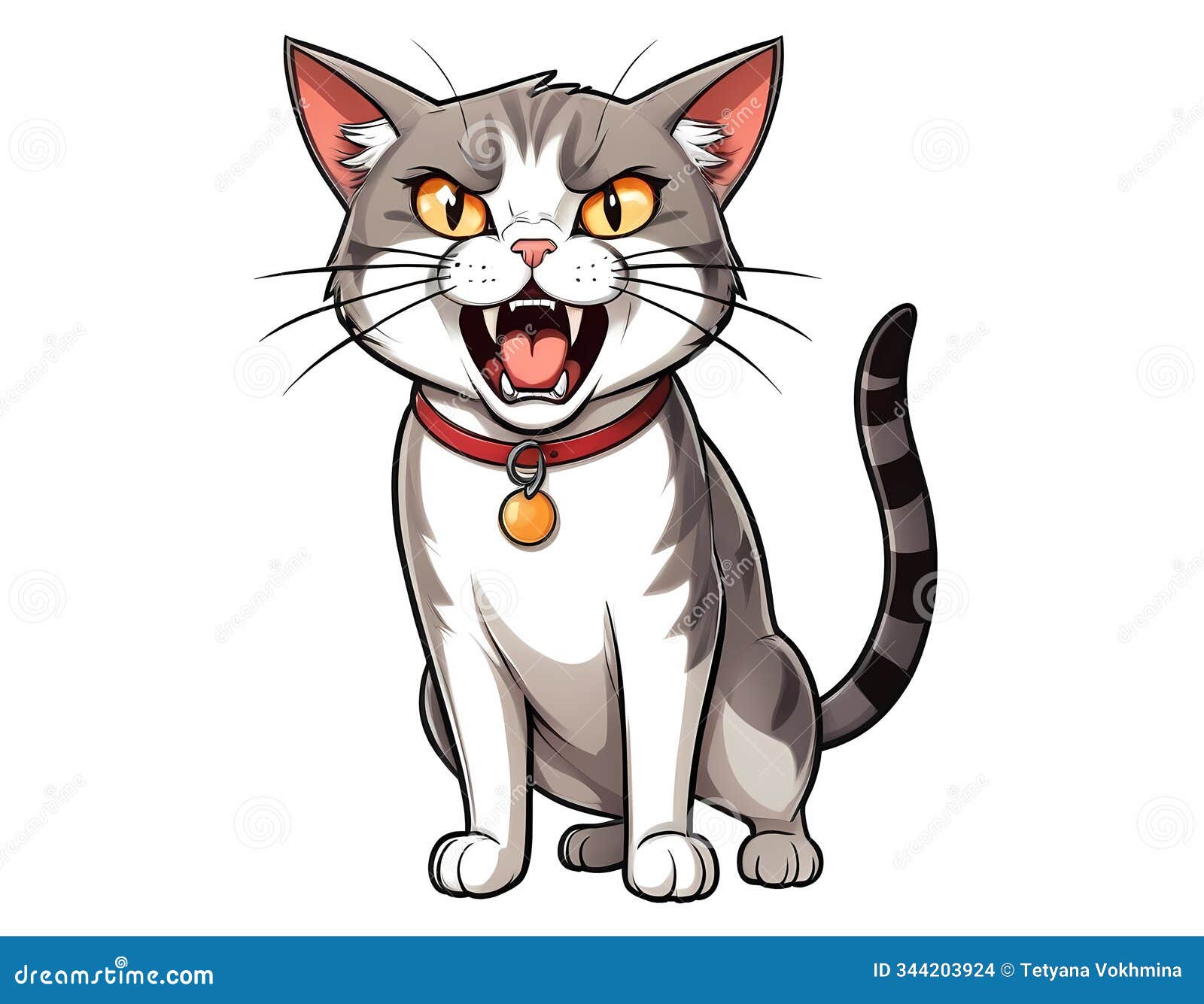angry surprised cat is screaming with its mouth wide open, looking curiously at the camera