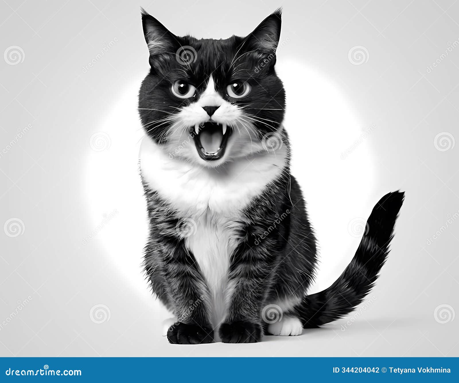 angry surprised cat is screaming with its mouth wide open, looking curiously at the camera