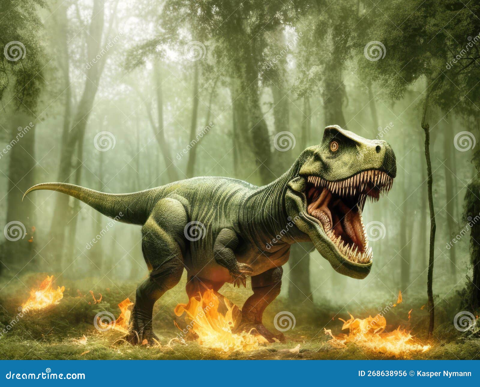 Angry Trex with Sharp Teeth, Roaring in the Jungle Stock Photo Image