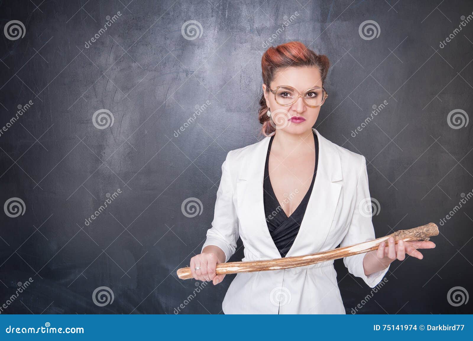 angry teacher wooden stick blackboard chalkboard background 75141974