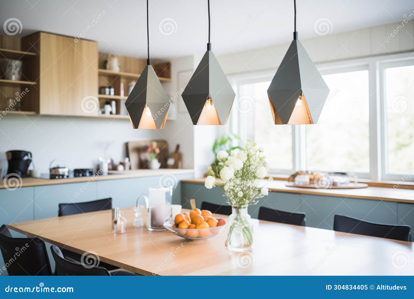 Angular Metallic Pendant Lights Over a Dining Table Stock Image Image