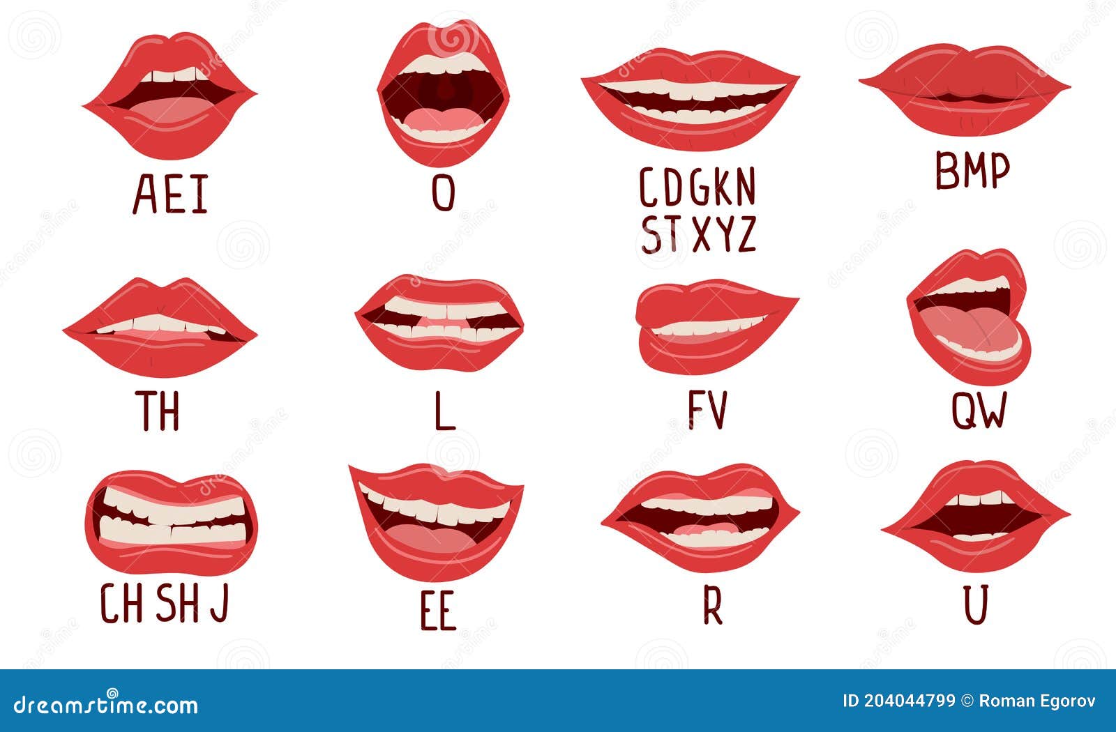 várias bocas em posições diferentes. com dentes, língua, sorriso