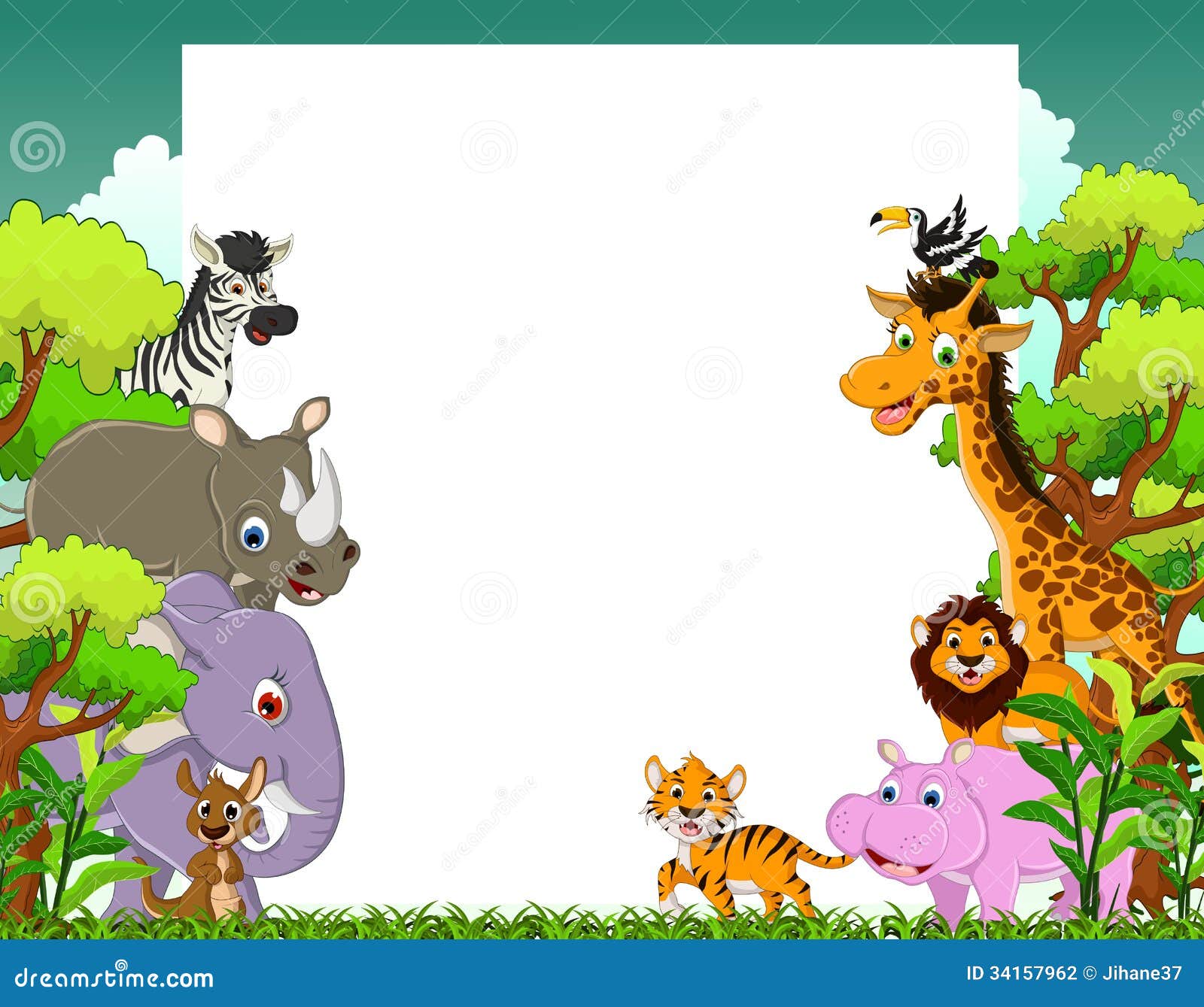 Animal Cartoon With Blank Sign And Tropical Forest Background Stock Illustration  Illustration 