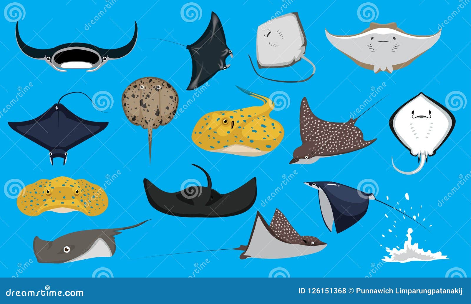 Various Cute Ray Stingray Cartoon Vector Characters Stock Illustration