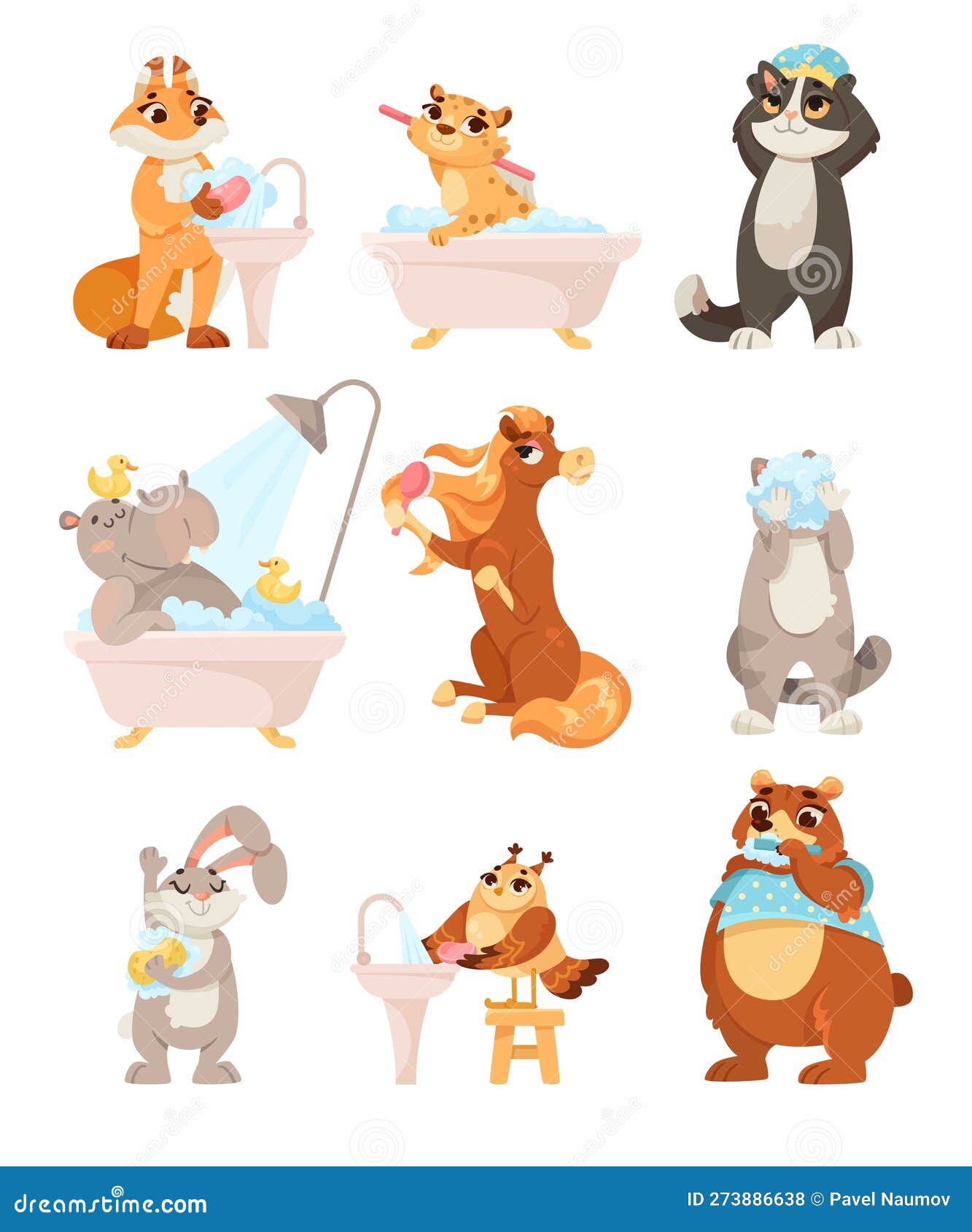 Animal Characters and Hygiene Rules Washing and Grooming Vector Set
