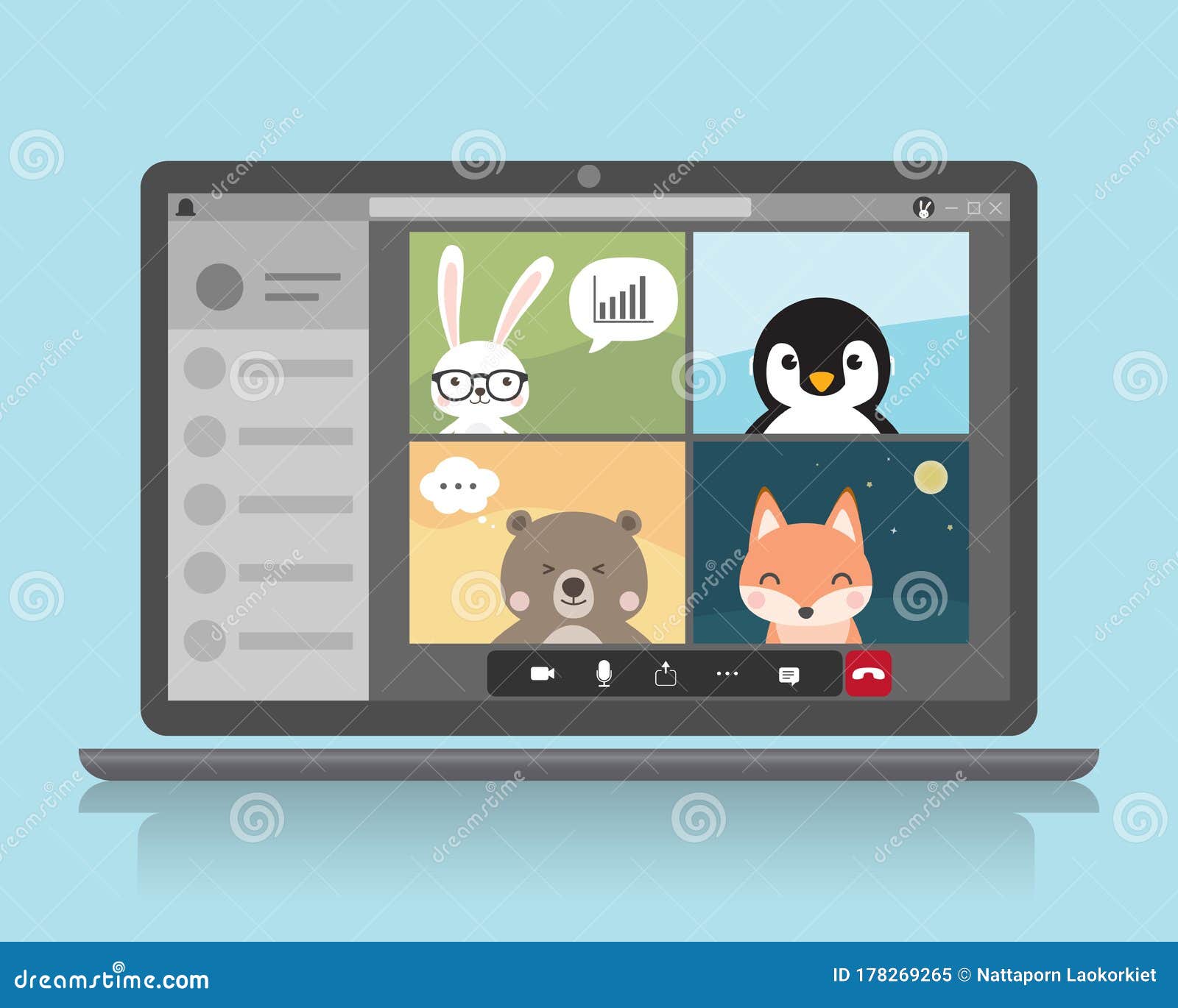 animal charactor video conference call. working from home concept. business working online vdo call conference meeting