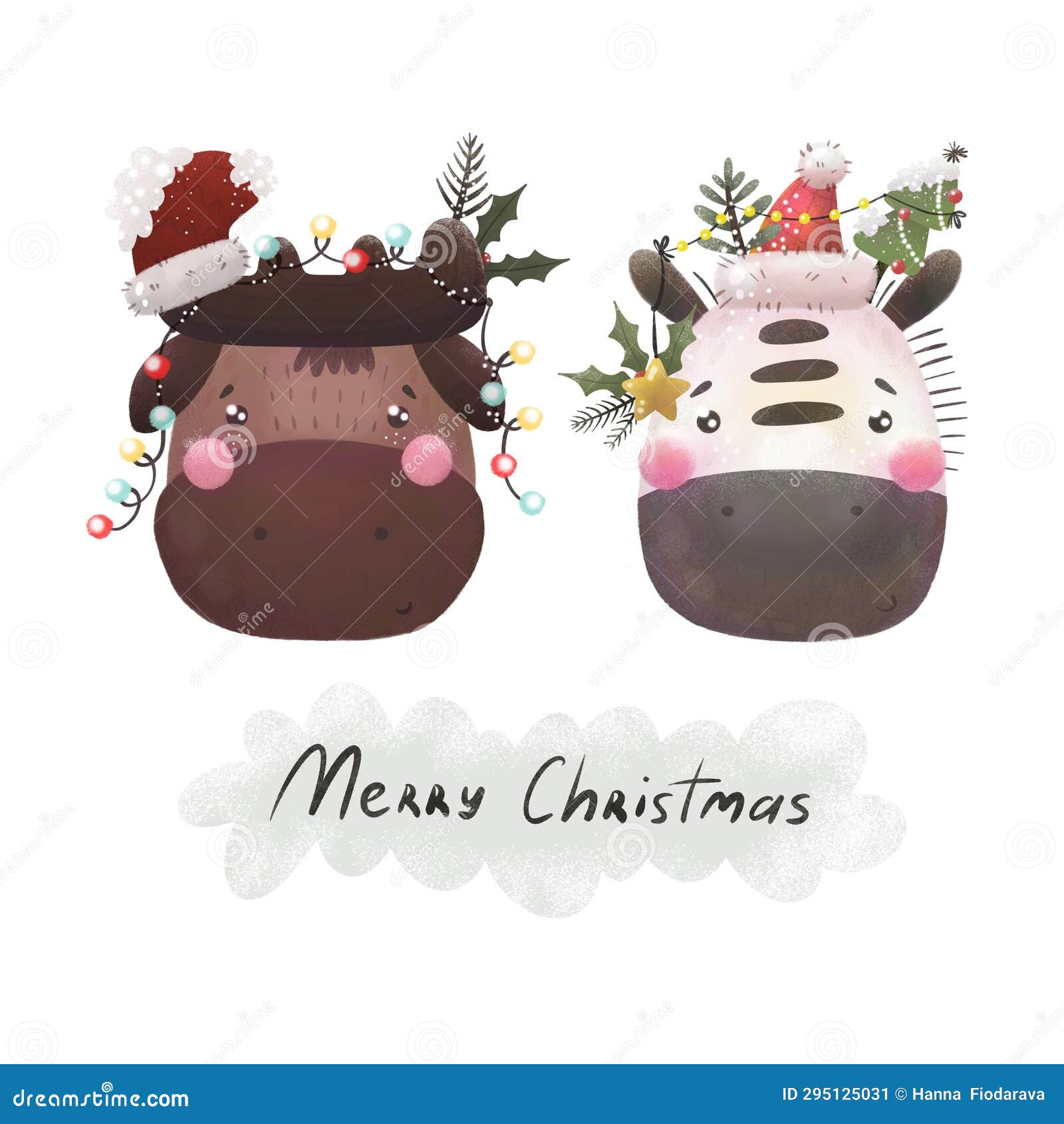 Merry Christmas. Cartoon Moose, Zebra. Hand Drawing Lettering. Holiday
