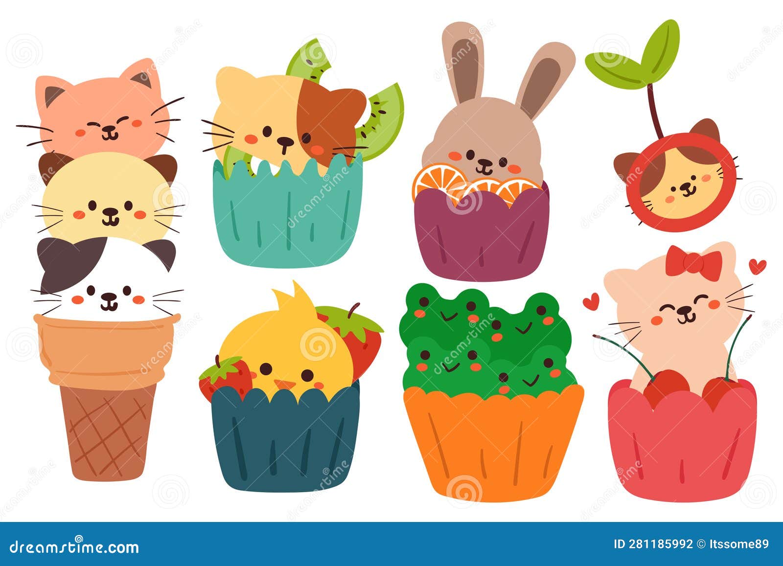 Cute Cartoon Food Animal Sticker Set. Cute Dessert Animal for Kids