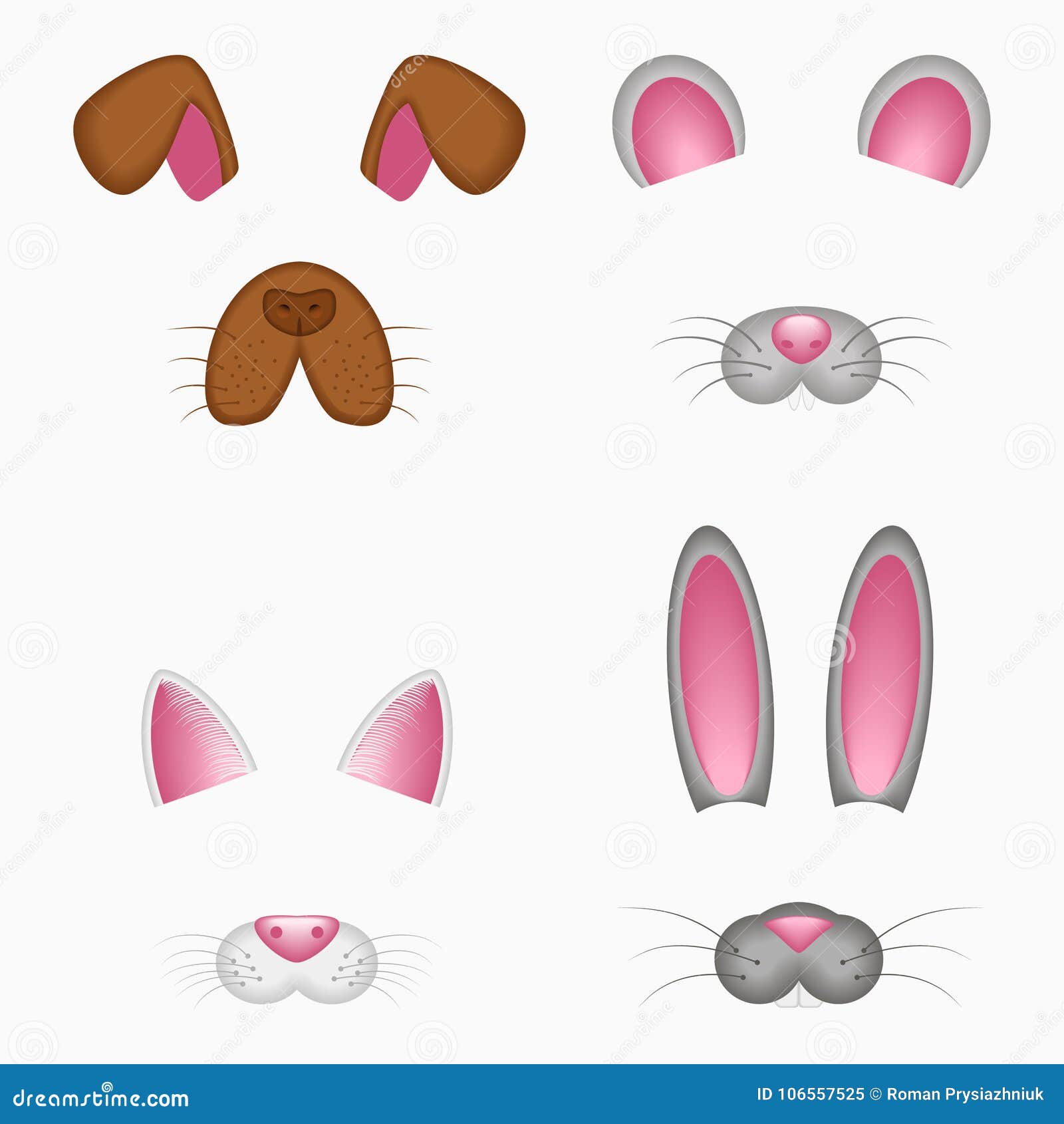 Animal Face Elements - Ears and Nose. Dog, Mouse, Cat, Bunny, Rabbit or Hare.  Selfie Photo and Video Chart Filter Mask. Vector. Stock Vector -  Illustration of details, design: 106557525