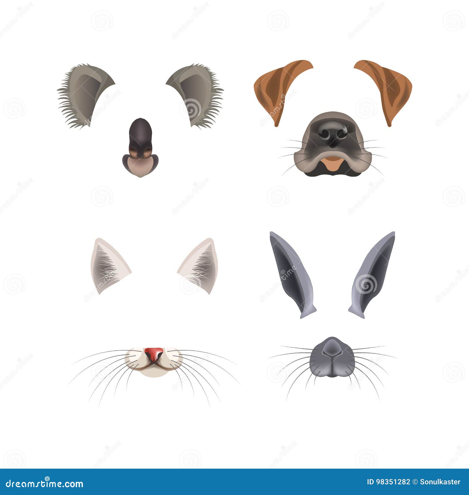 Animal Face Filter Template Video Chat Photo Effect Vector Isolated Icons  Stock Vector - Illustration of cartoon, selfie: 98351282