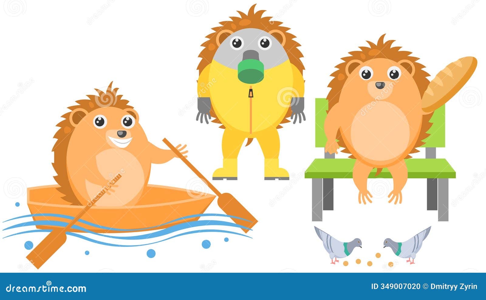 animal hedgehogs stands in a gas mask and a chemical suit, feeding pigeons bread, sailing on a boat  fauna wildlife