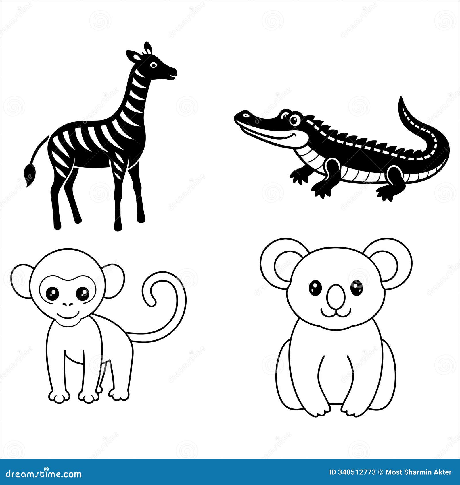 animal line art  set: crocodile, giraffe, koala, monkey, lion, sheep