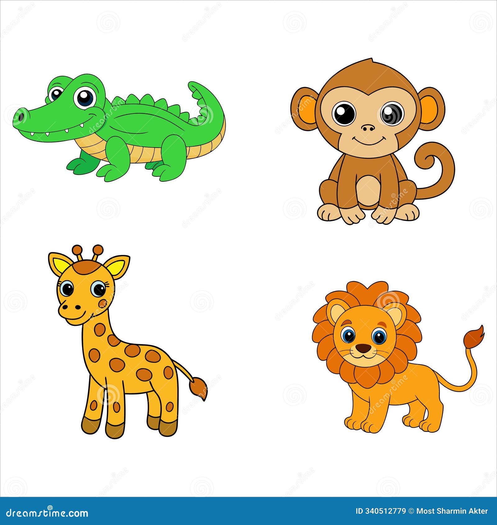 animal line art  set: crocodile, giraffe, koala, monkey, lion, sheep
