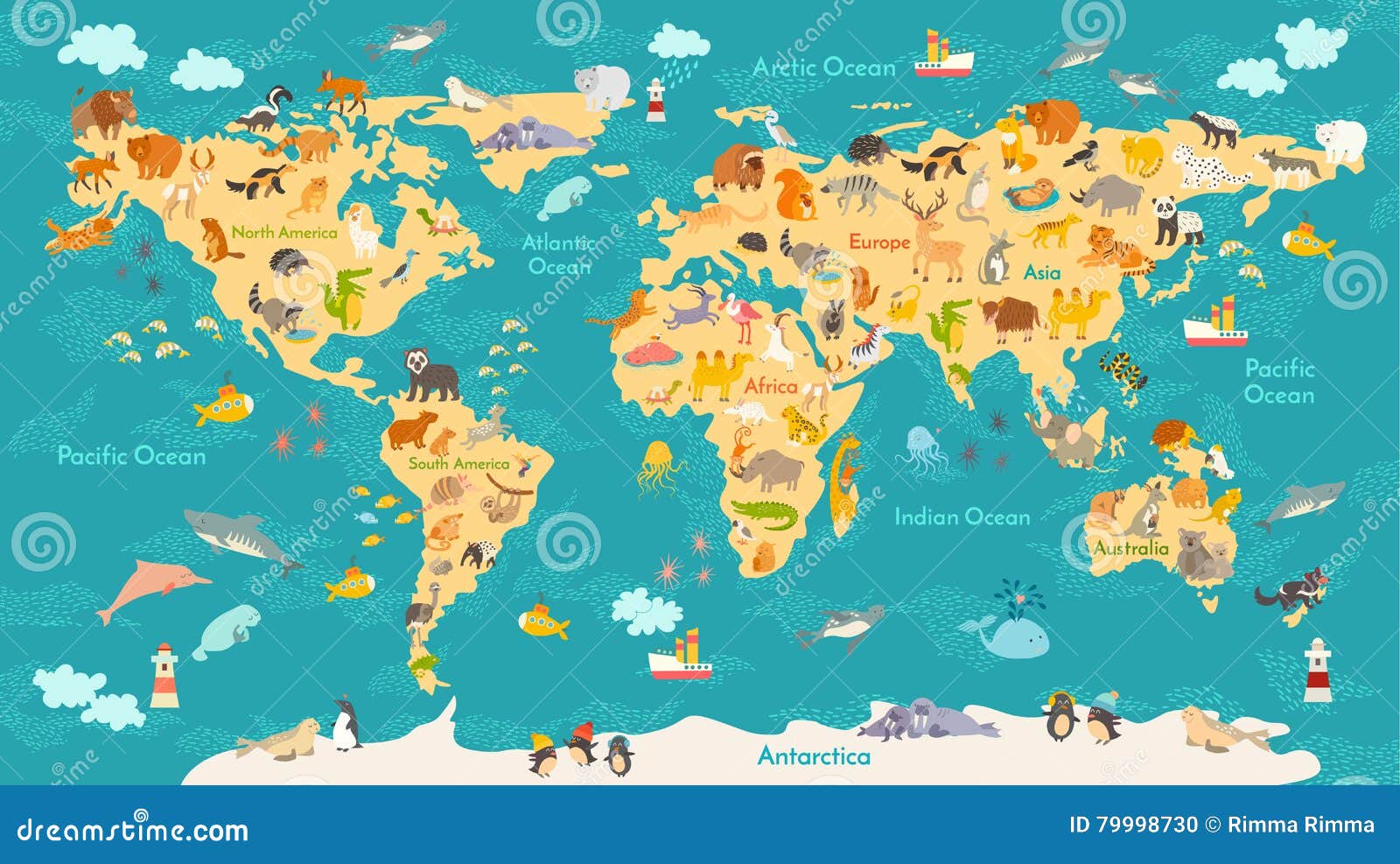 Animal Map for Kid. World Vector Poster for Children, Cute Illustrated
