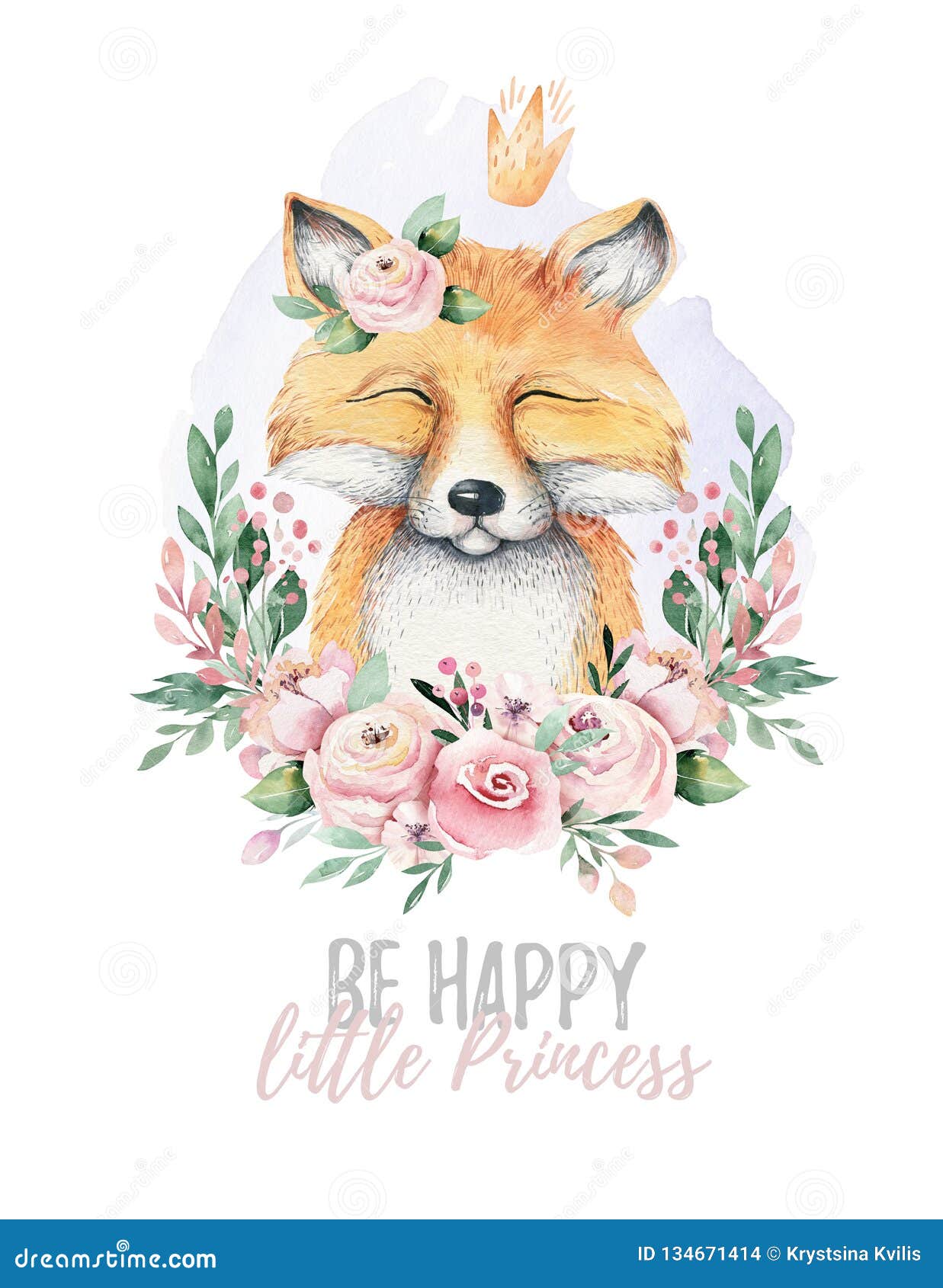 Animal Mignon De Renard De Bebe D Isolement Par Bande Dessinee D Aquarelle Avec Des Fleurs Illustration De Region Boisee De Crech Illustration Stock Illustration Du Fond Illustration