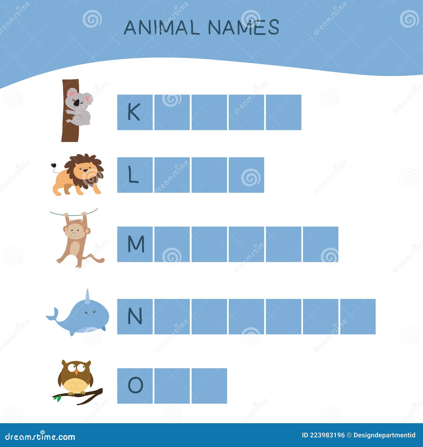 Animal Names Worksheet. Cute Animals. Educational Activity for Preschool  Kids Stock Vector - Illustration of narwhal, activity: 223983196