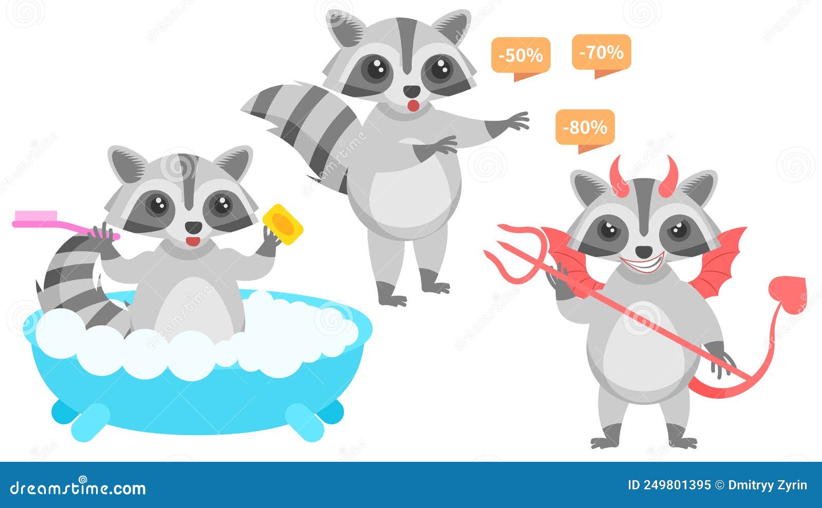 animal raccon washes in the bath, devil with horns and trident, surprised by the discounts 