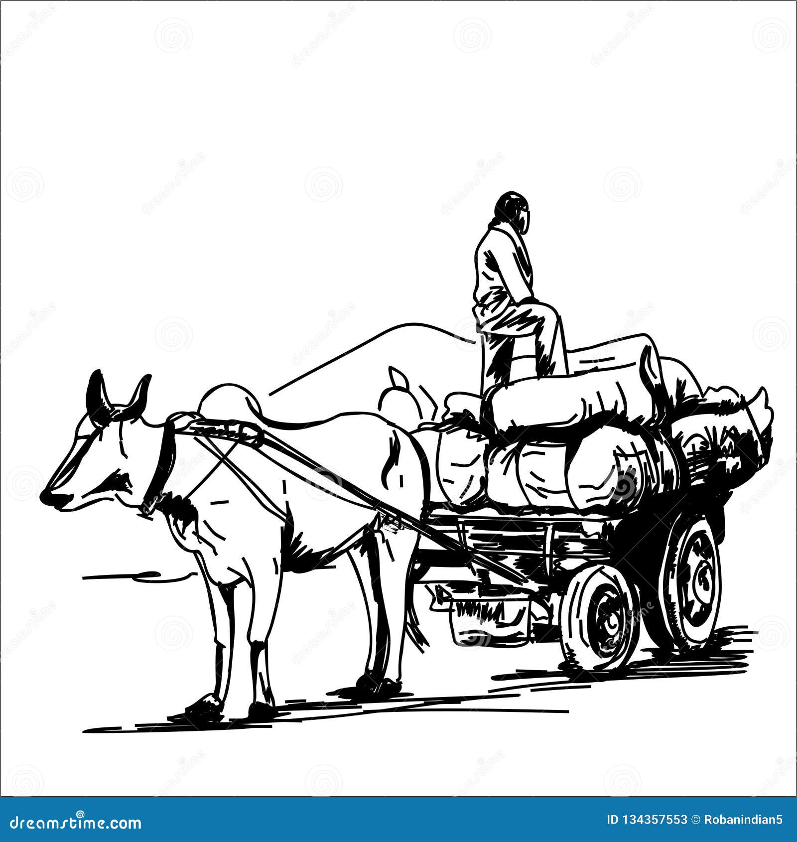 Indian bull cart sketch stock vector. Illustration of sketch - 134357553