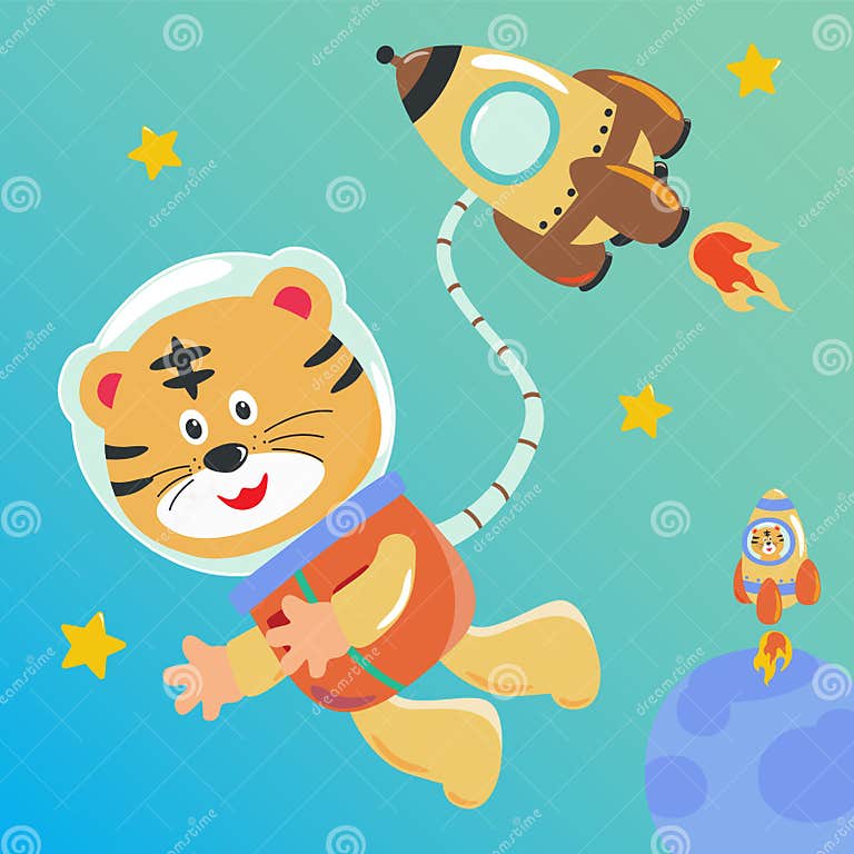 Animal in Space. Cute Funny Animals in Space Suit, Futuristic Poster