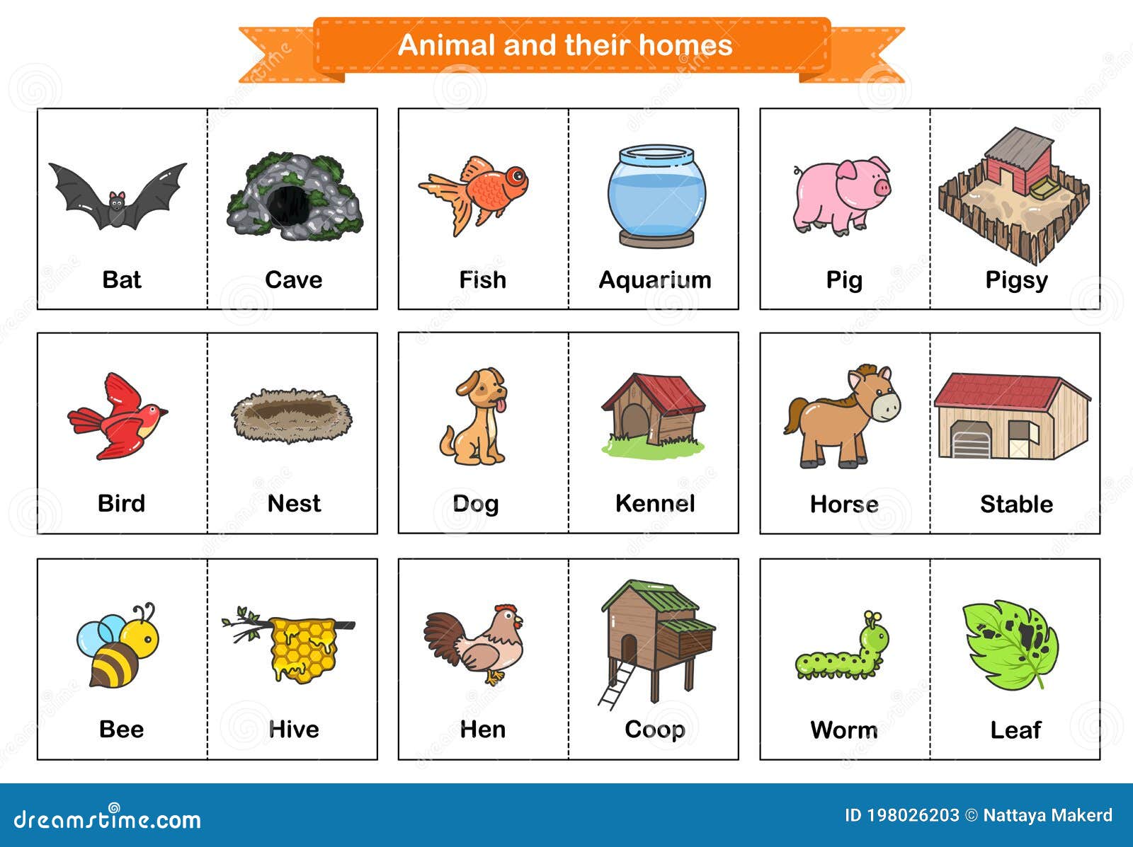Animal and Their Homes Flash Cards. Printable Flash Card Illustrating. -  Flashcards for Education Stock Vector - Illustration of homework, hive:  198026203