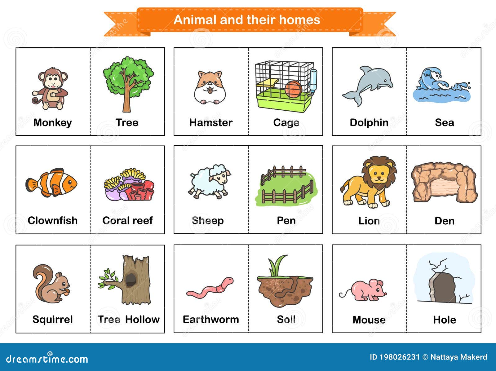 Animal and Their Homes Flash Cards. Printable Flash Card Illustrating. -  Flashcards for Education Stock Vector - Illustration of homework, hollow:  198026231