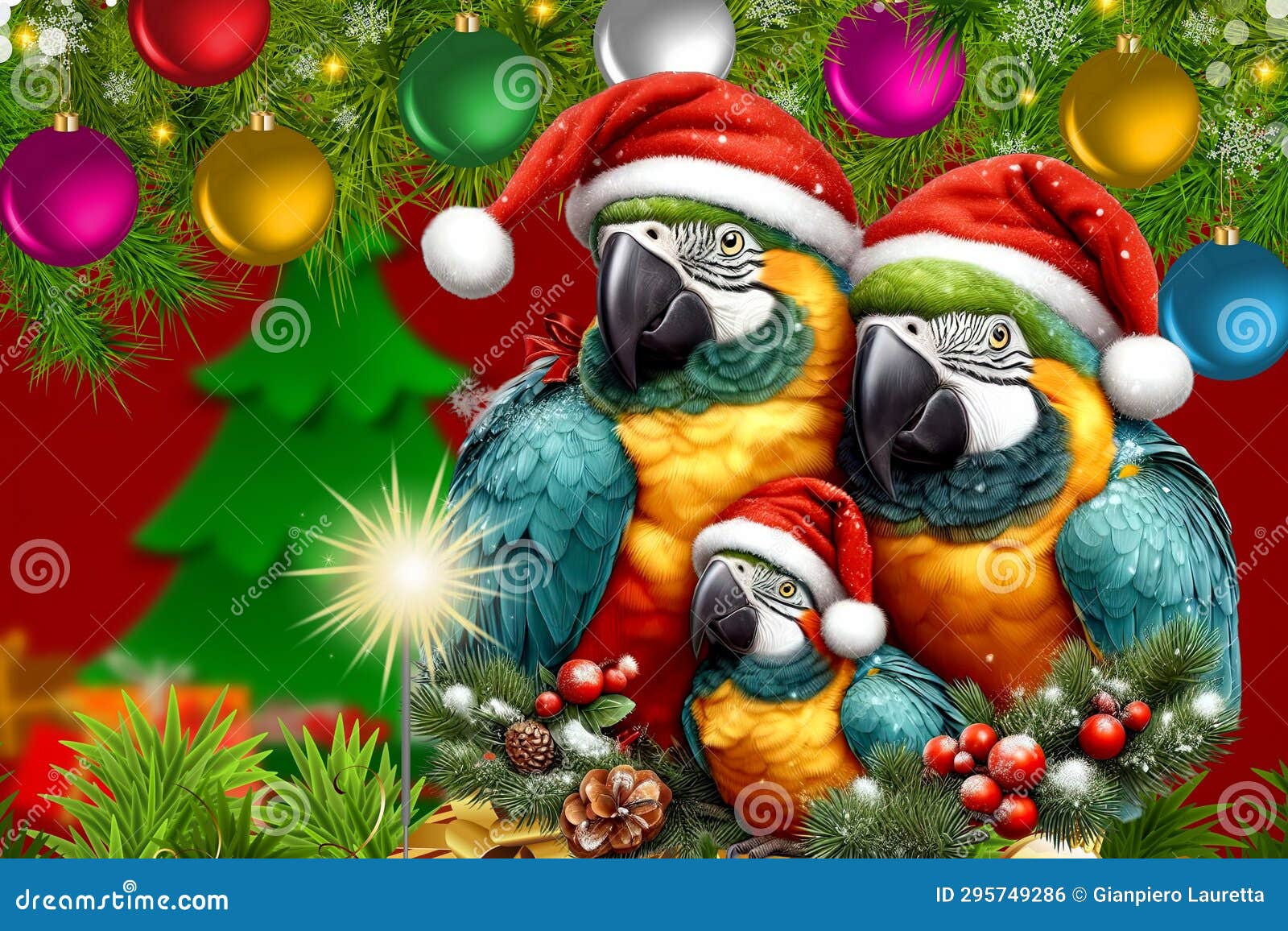 christmas card featuring a wonderful and cute family of parrots in christmas clothes