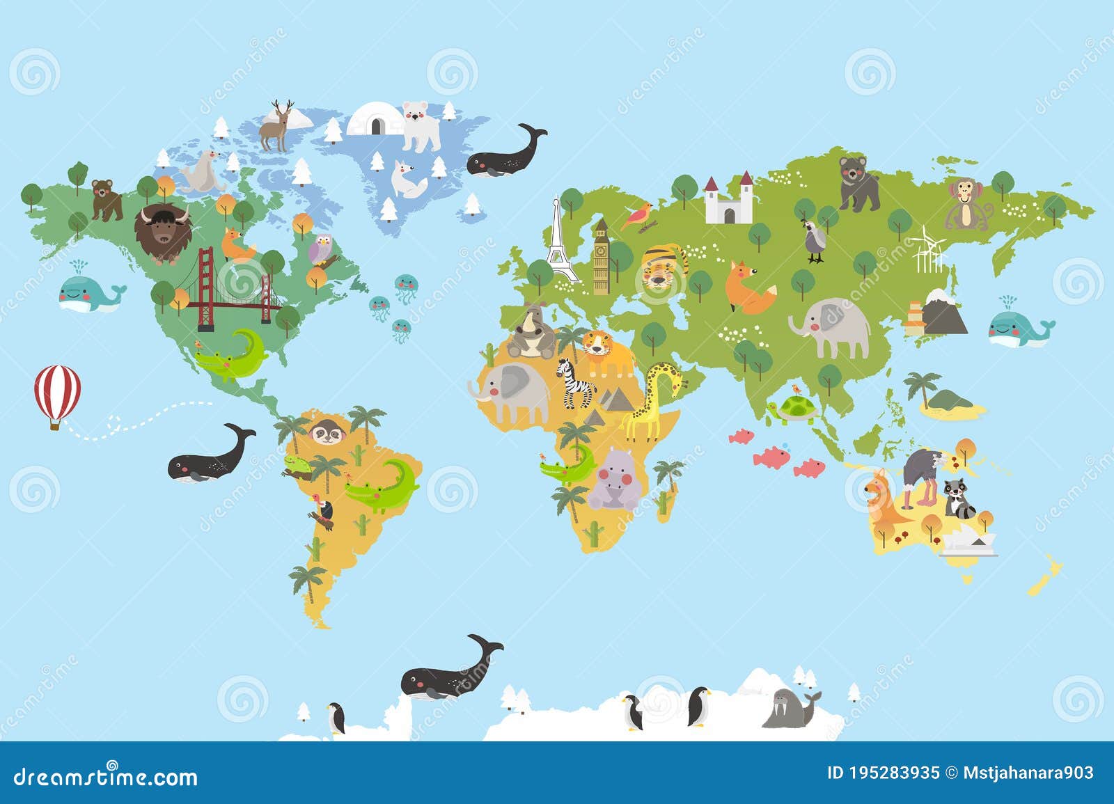 Animal World map stock vector. Illustration of collection 195283935