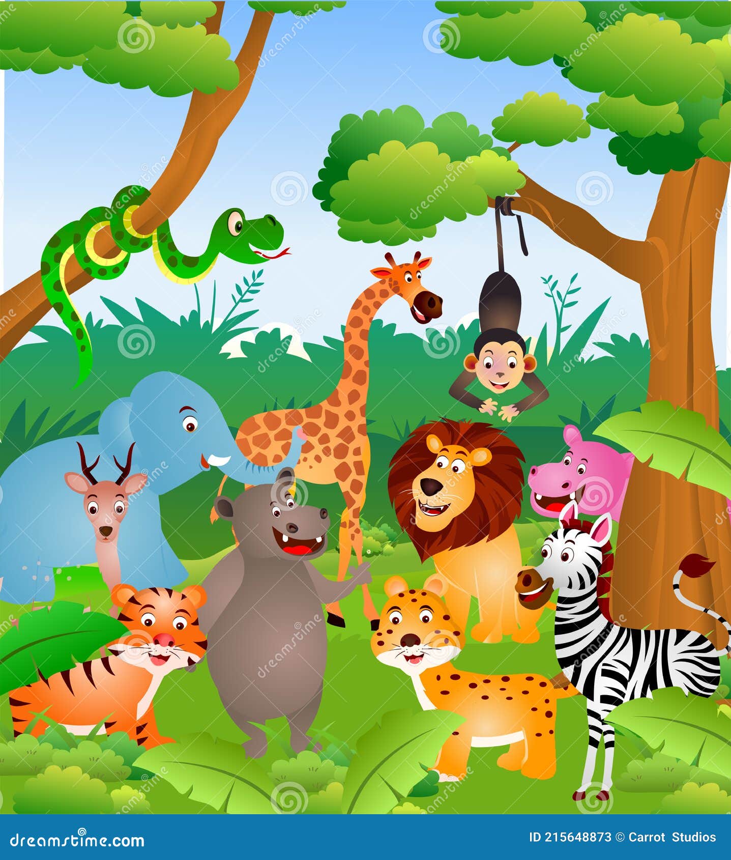 Animales Del Bosque Fondo De Dibujos Animados Ilustración del Vector -  Ilustración de hipoglucemia, tigre: 215648873