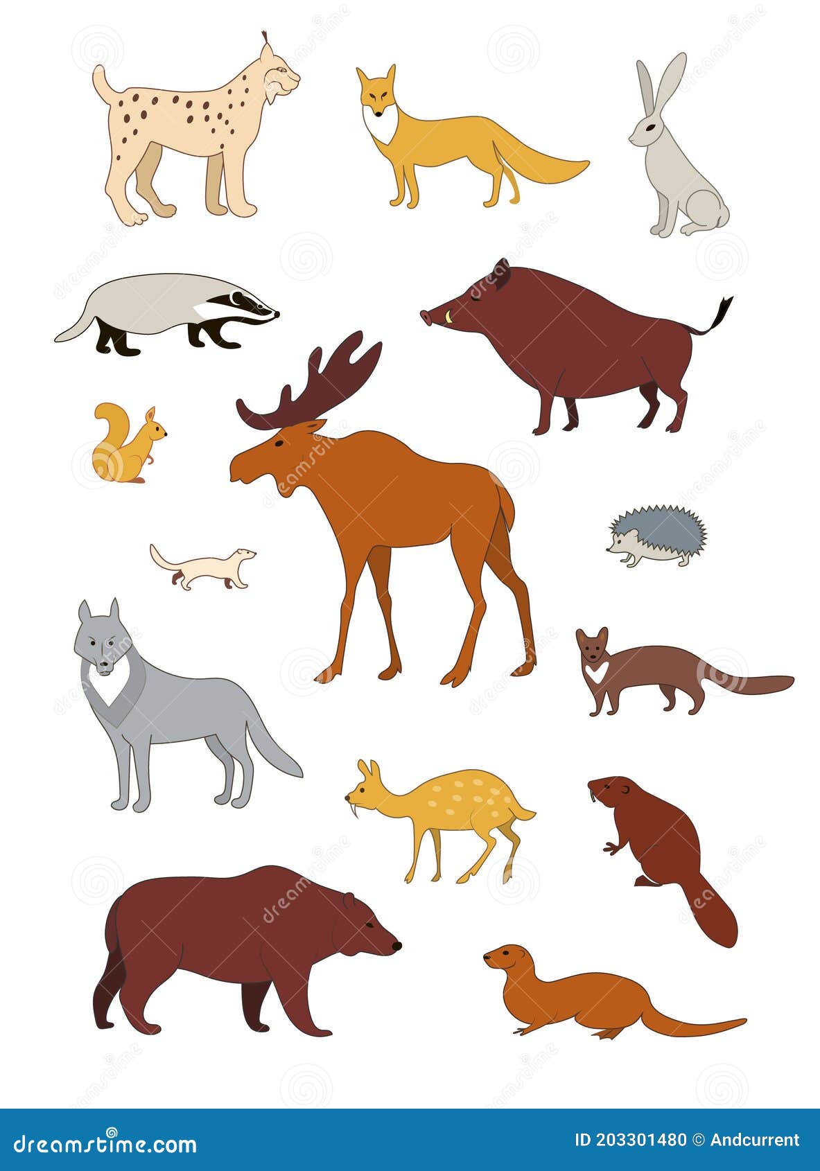 Animales Silvestres. Conjunto De Imágenes De Silueta De Dibujo De Color  Vectorial Ilustración del Vector - Ilustración de liebres, lobo: 203301480