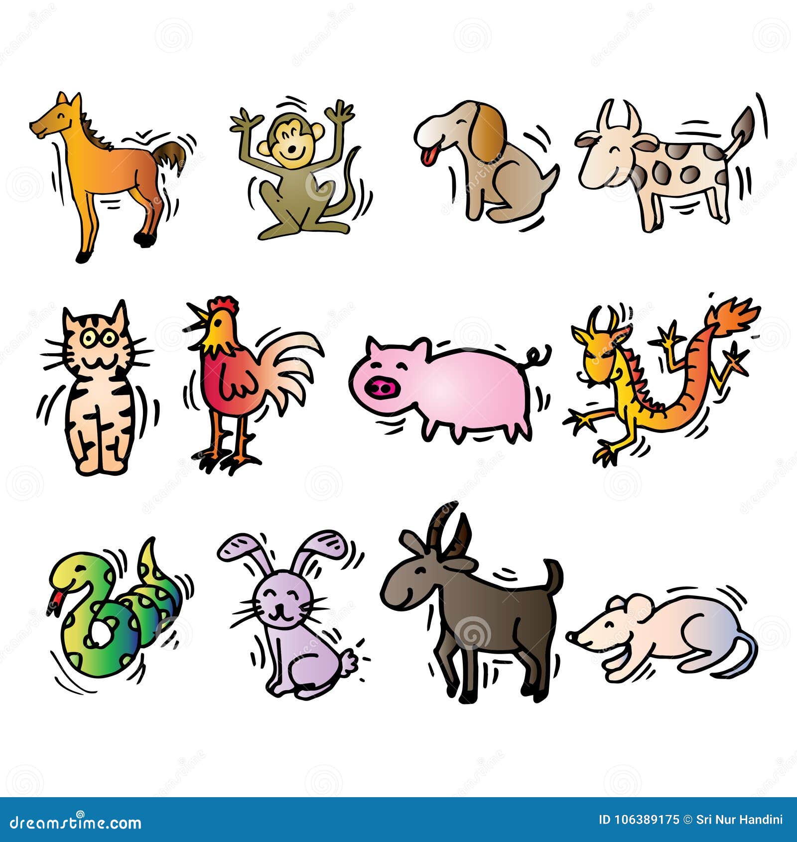 12 animals of chinese calendar. cartoon style.