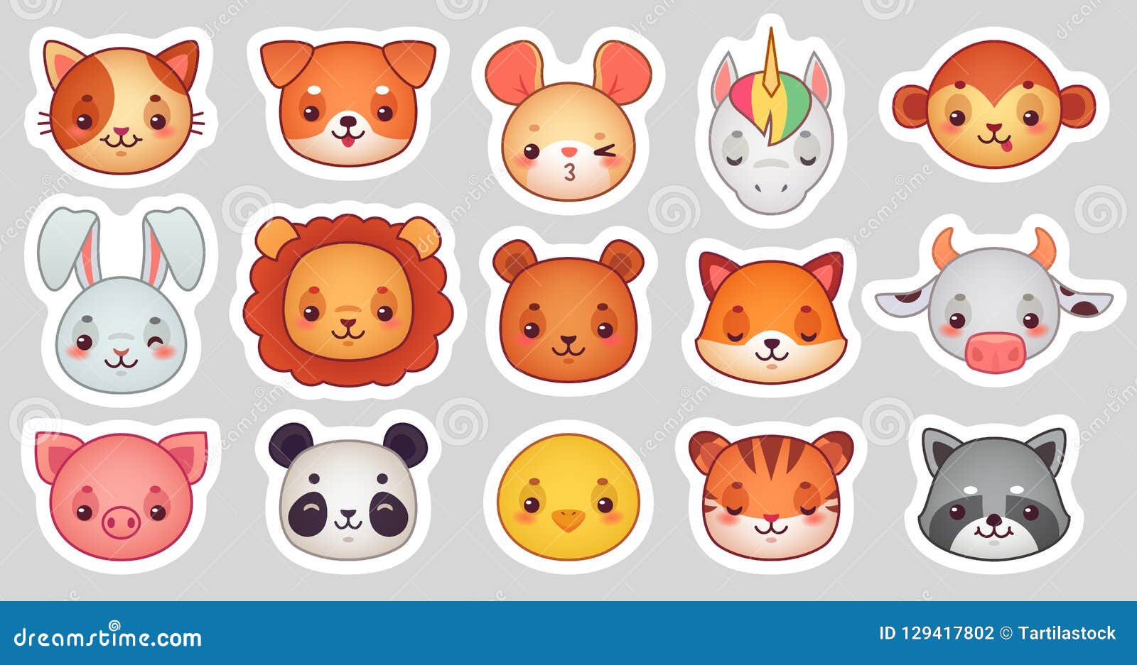 animals face stickers. cute animal faces, kawaii funny emoji sticker or avatar. cartoon   set