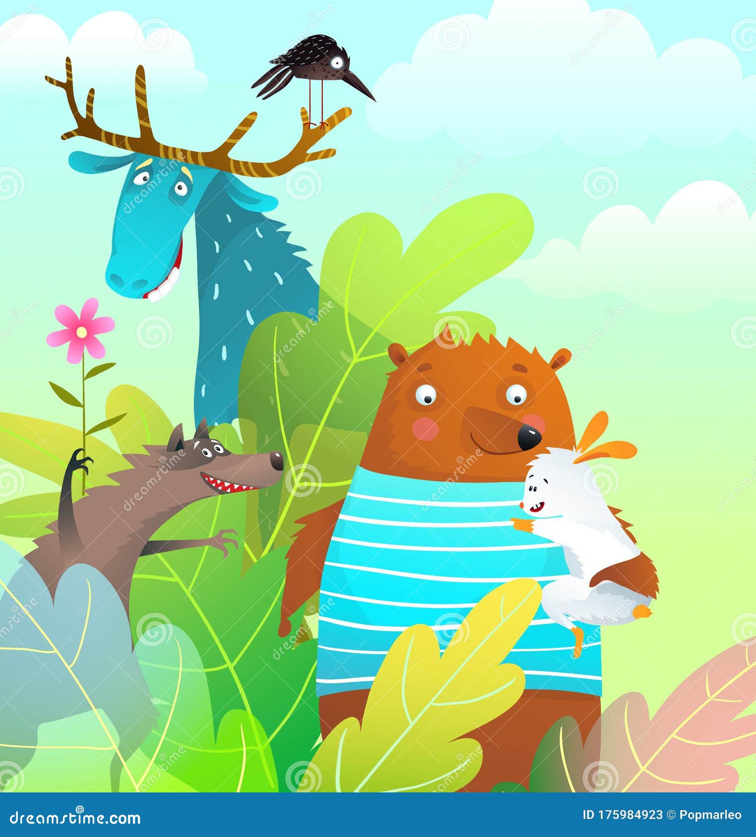 Animals Friends Bear Moose Rabbit and Wolf in the Forest Happy Smiling Wildlife Story Greeting Card. Stock Vector - Illustration of cute, design: 175984923 Animals Friends Bear Moose Rabbit and Wolf in the Forest Happy Smiling Wildlife Story Greeting Card. Stock Vector - Illustration of cute, design: 175984923