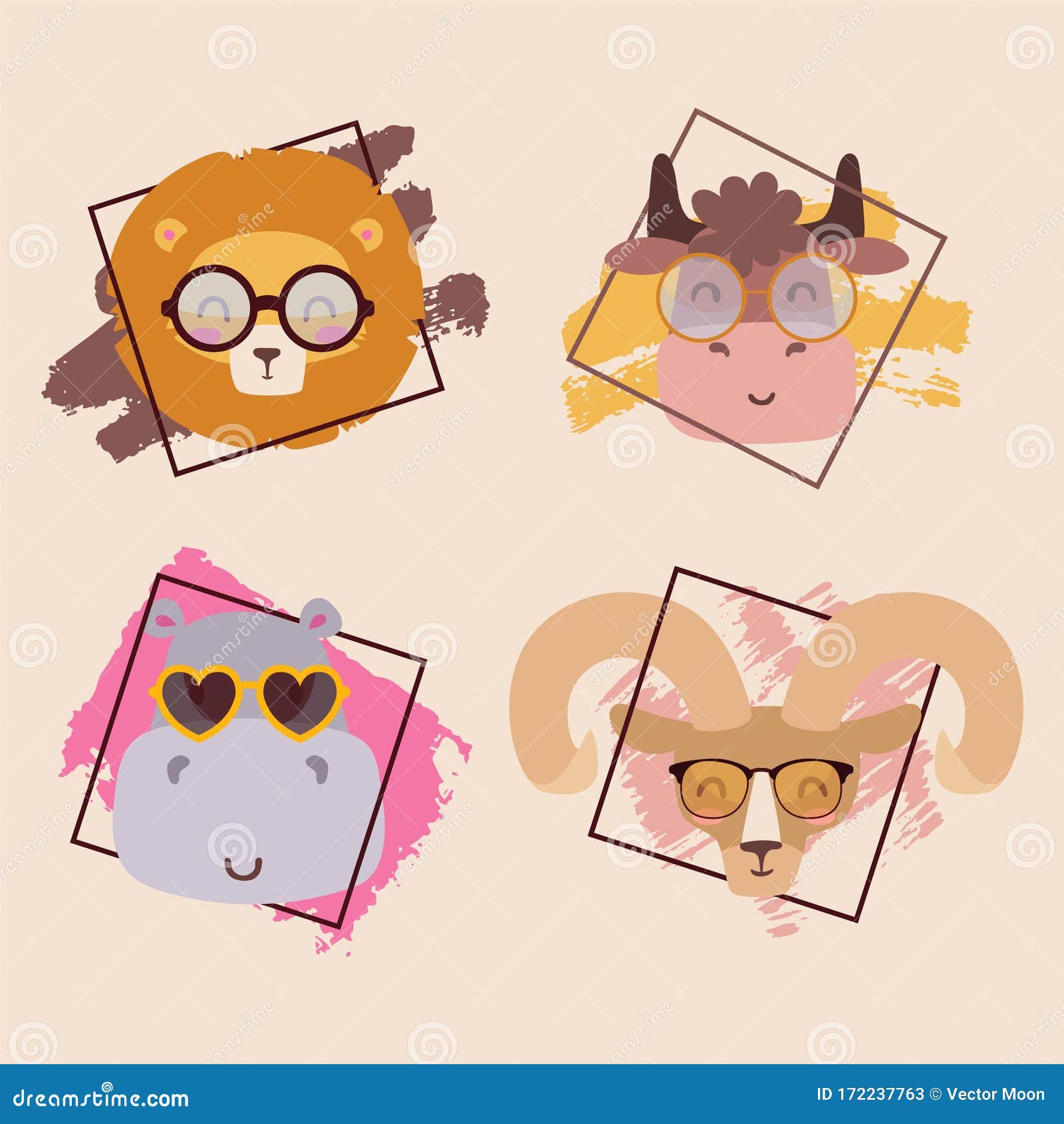 Animals In Glasses Cute Cartoon Characters Portrait Vector Illustration Stock Vector ...