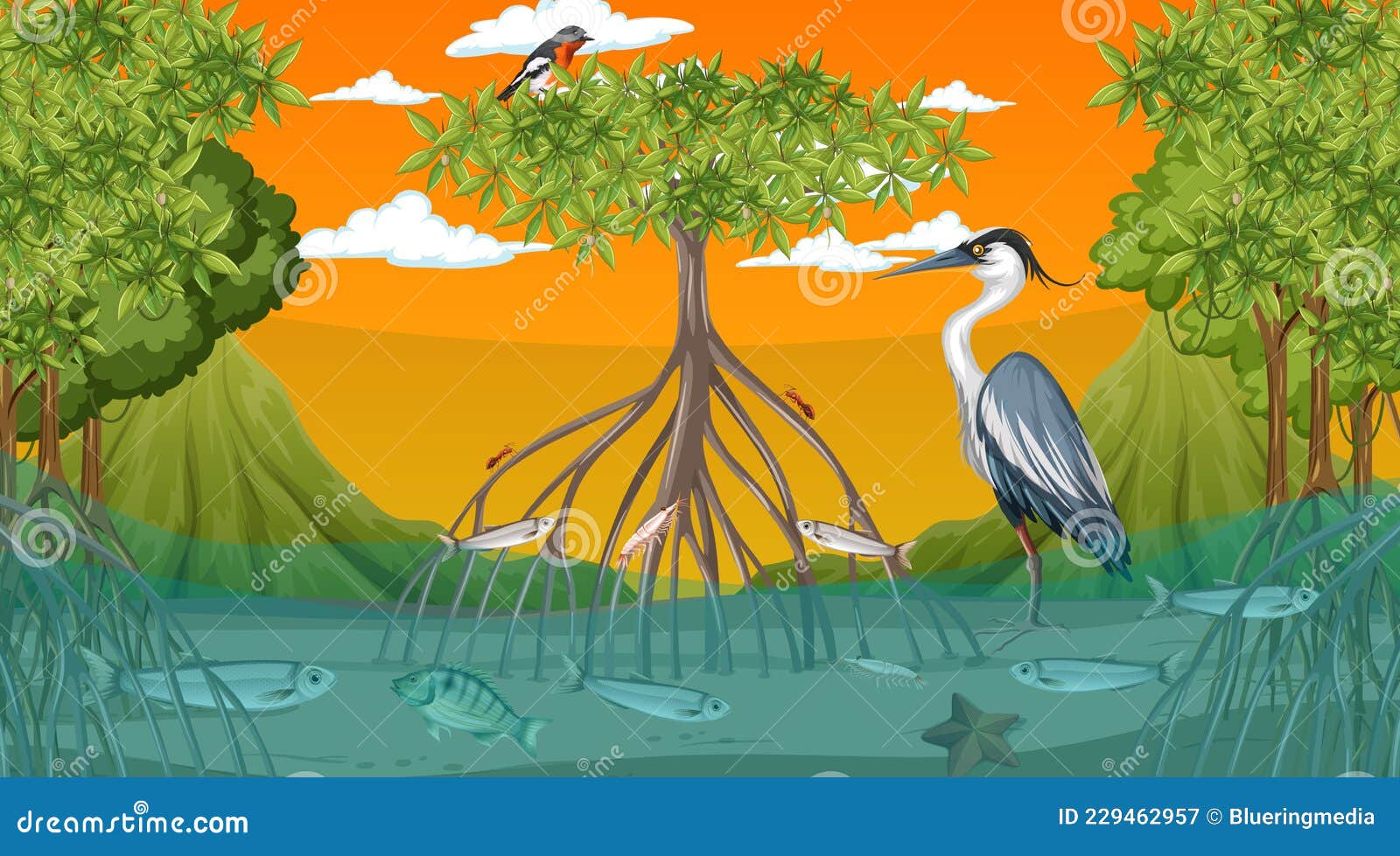 Animals Live in Mangrove Forest at Sunset Time Scene Stock Vector -  Illustration of leaf, animals: 229462957