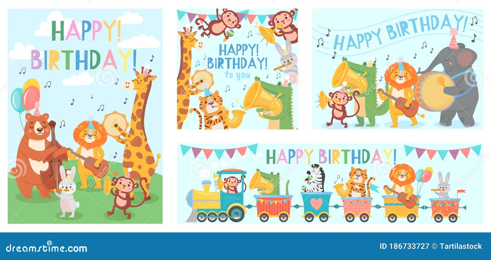 Animals Play Music Greeting Card. Happy Birthday Song Played by Cute  Animals Orchestra with Music Instruments Vector Stock Vector - Illustration  of cute, monkey: 186733727