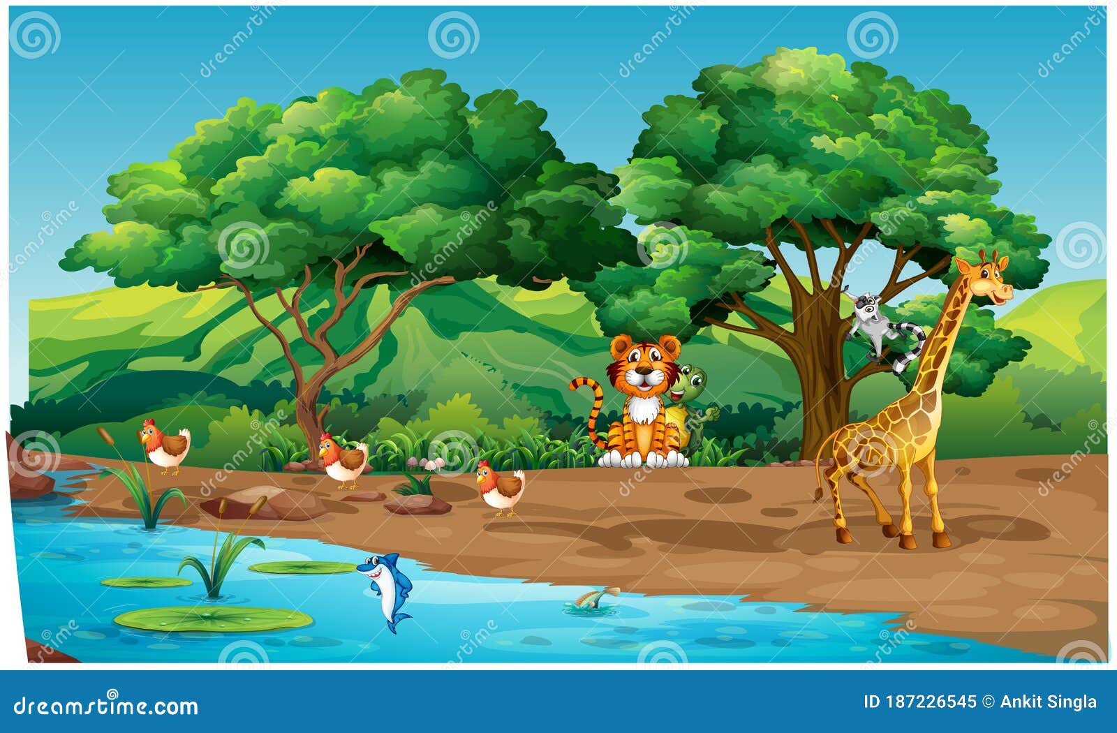 Animals are Playing on the River Bank in the Forest Stock Vector -  Illustration of environment, animals: 187226545