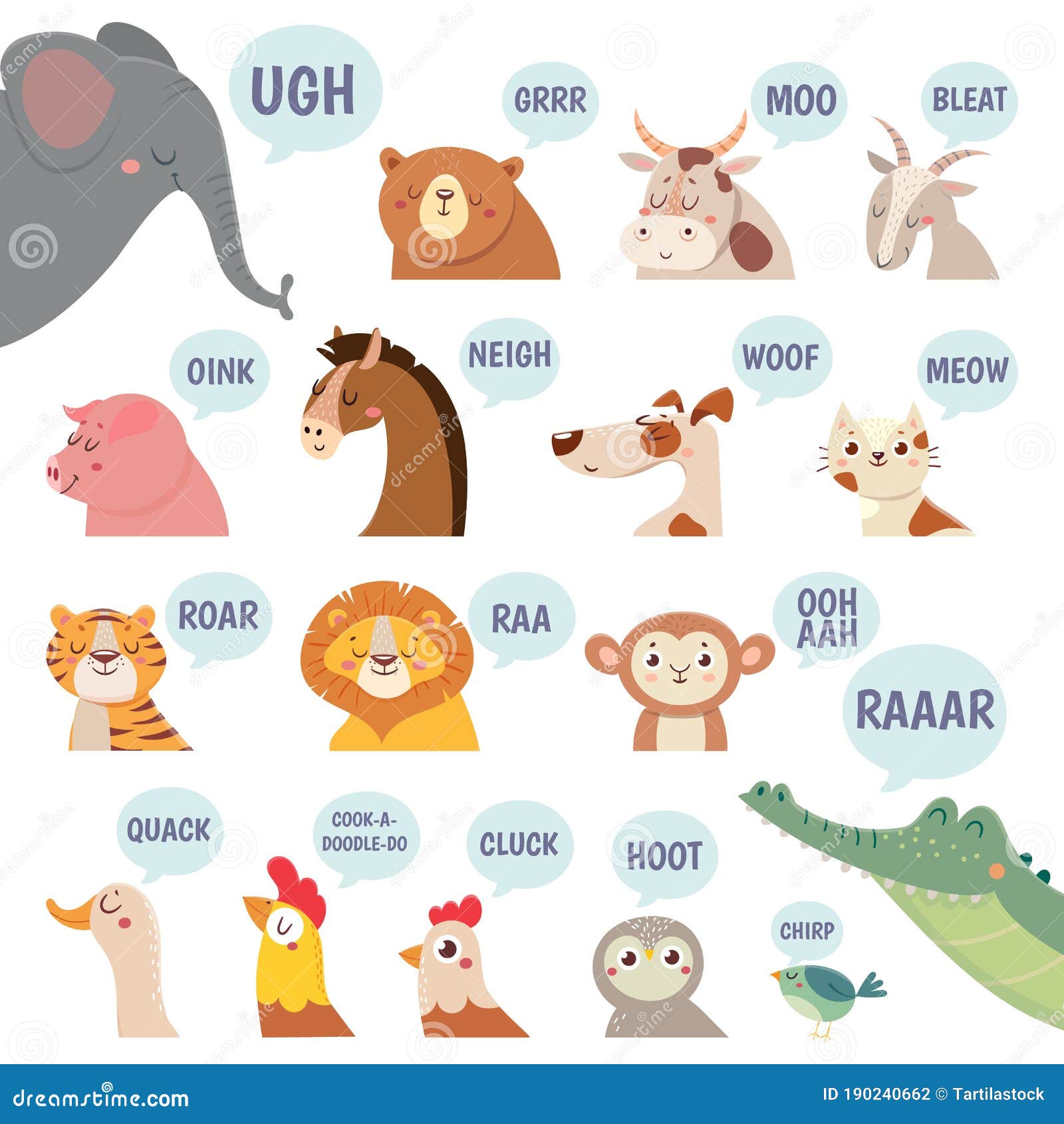 Animals Sounds. Cute Animal Making Sounds Cat and Dog, Sheep and Cow, Pig  and Hen, Horse and Lion, Bear and Monkey Stock Vector - Illustration of  preschool, lettering: 190240662